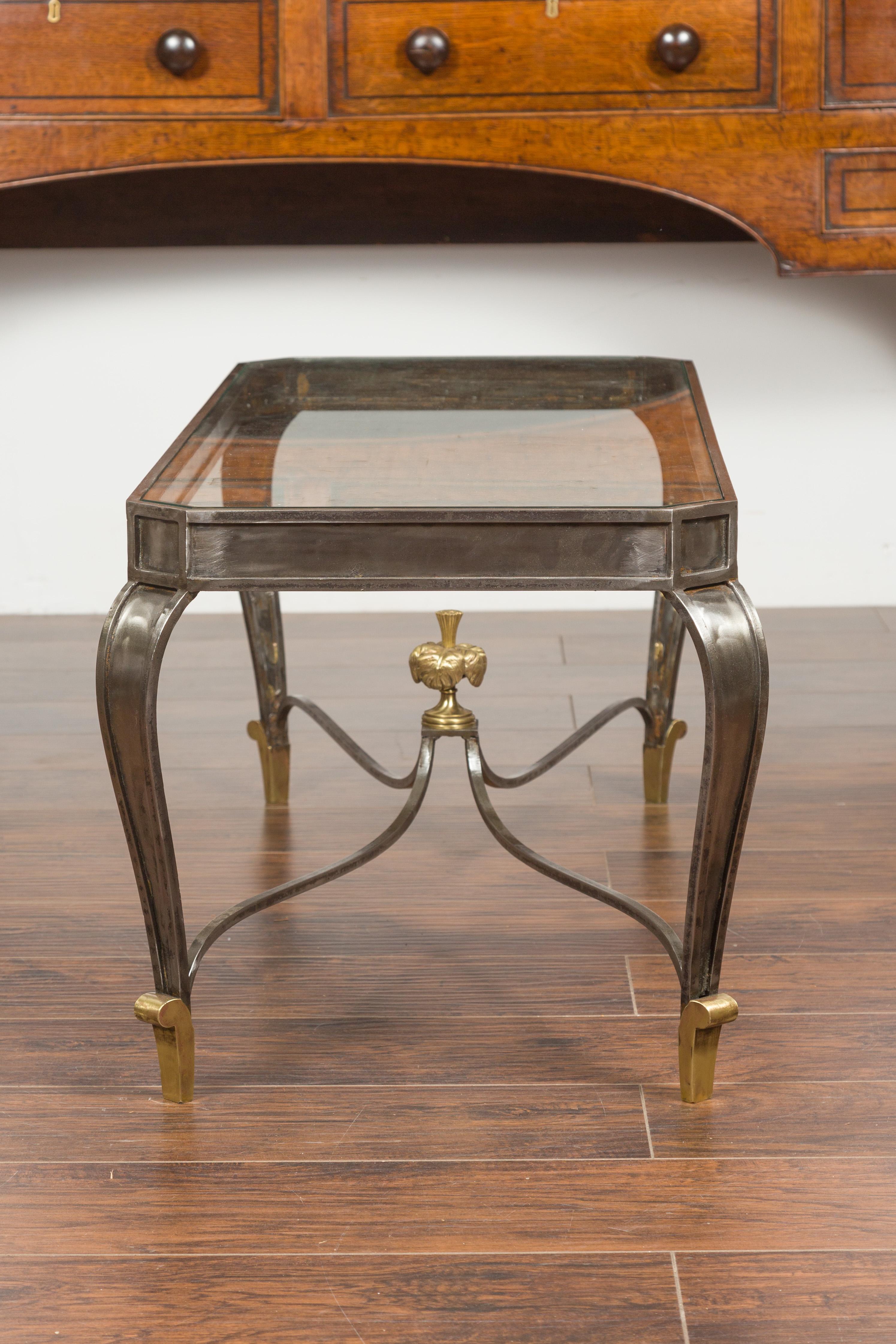 Italian Vintage Steel and Bronze Coffee Table with Glass Top and Feathery Finial 6