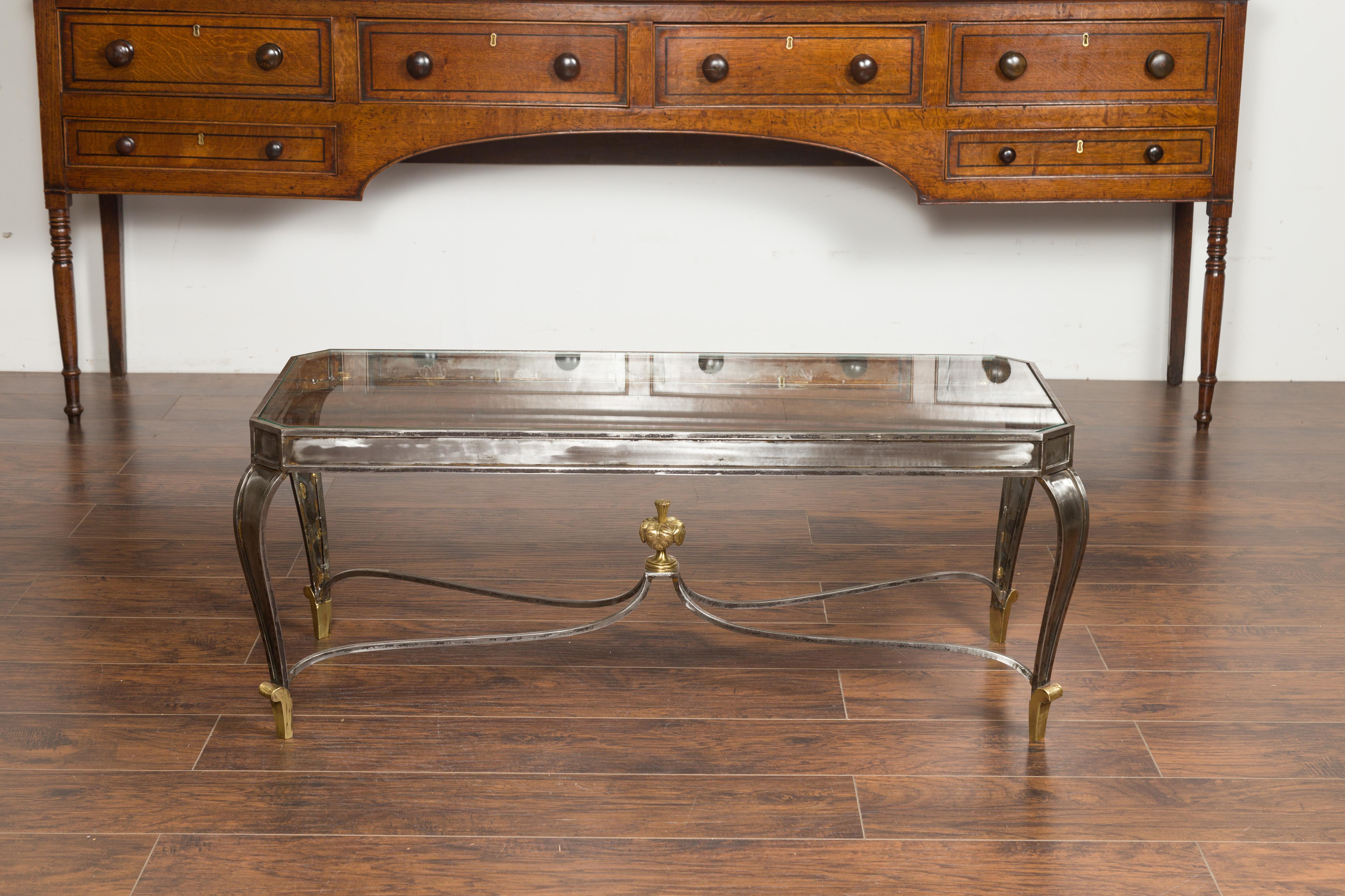 Mid-Century Modern Italian Vintage Steel and Bronze Coffee Table with Glass Top and Feathery Finial