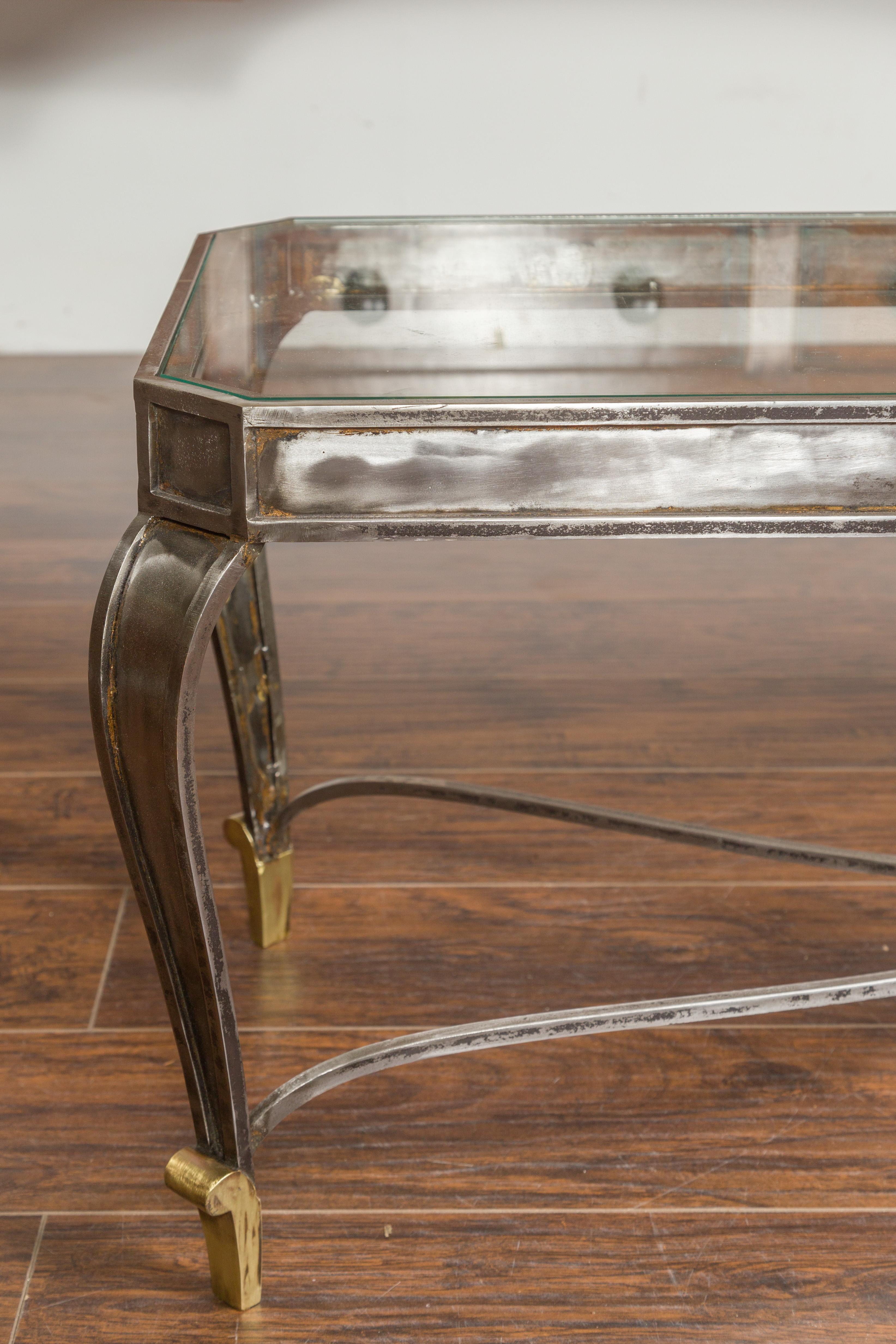 Italian Vintage Steel and Bronze Coffee Table with Glass Top and Feathery Finial In Good Condition In Atlanta, GA