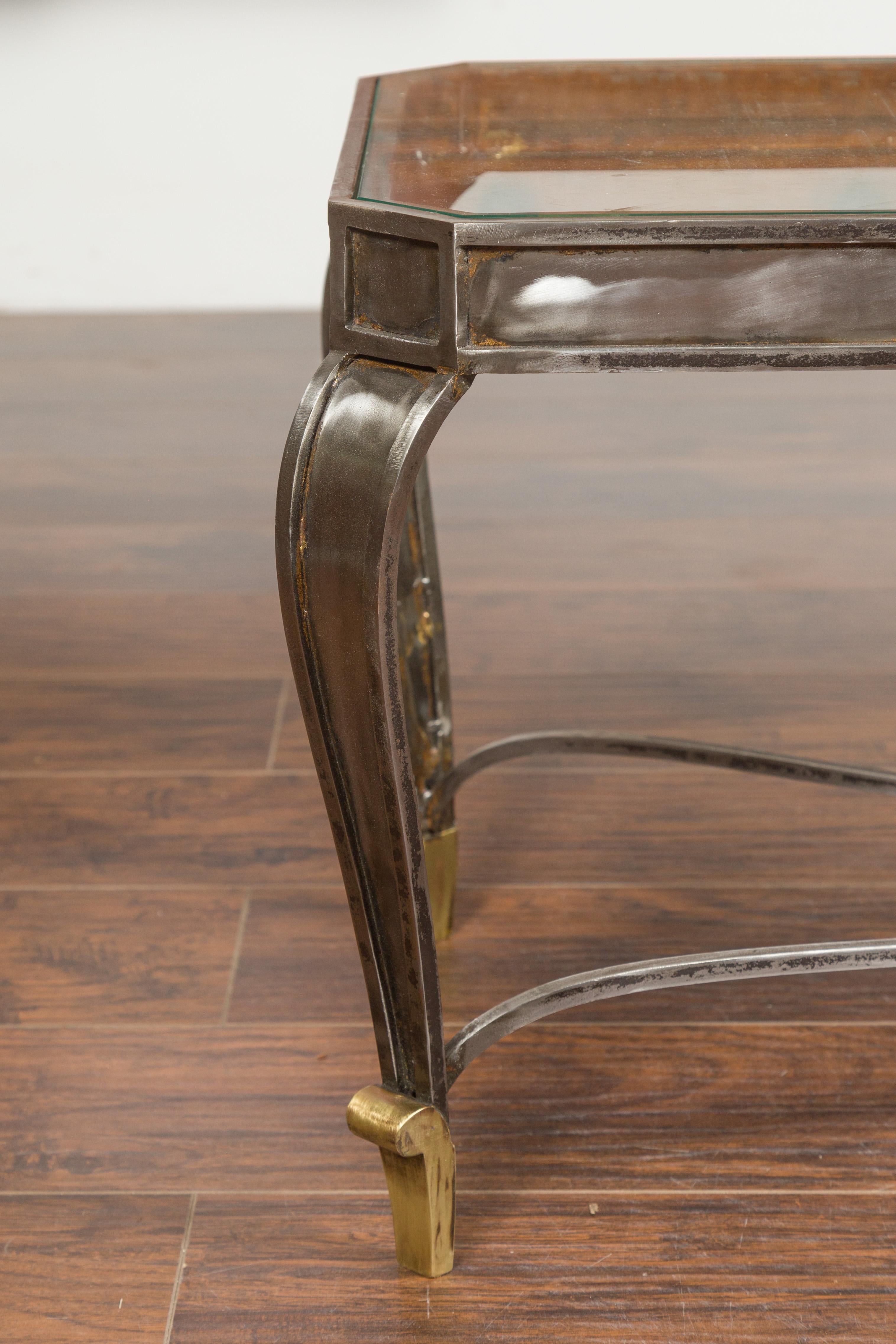 20th Century Italian Vintage Steel and Bronze Coffee Table with Glass Top and Feathery Finial