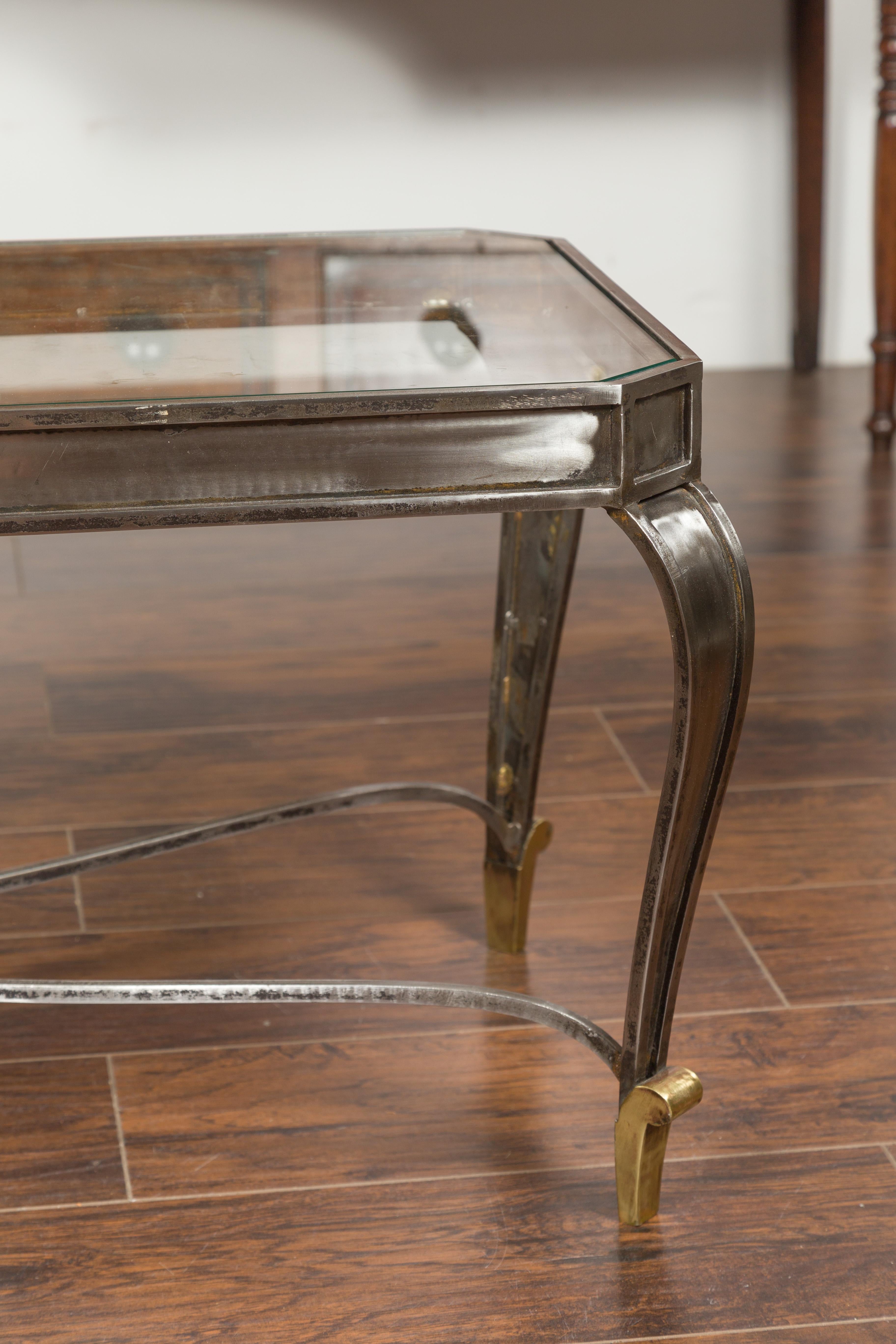 Italian Vintage Steel and Bronze Coffee Table with Glass Top and Feathery Finial 2