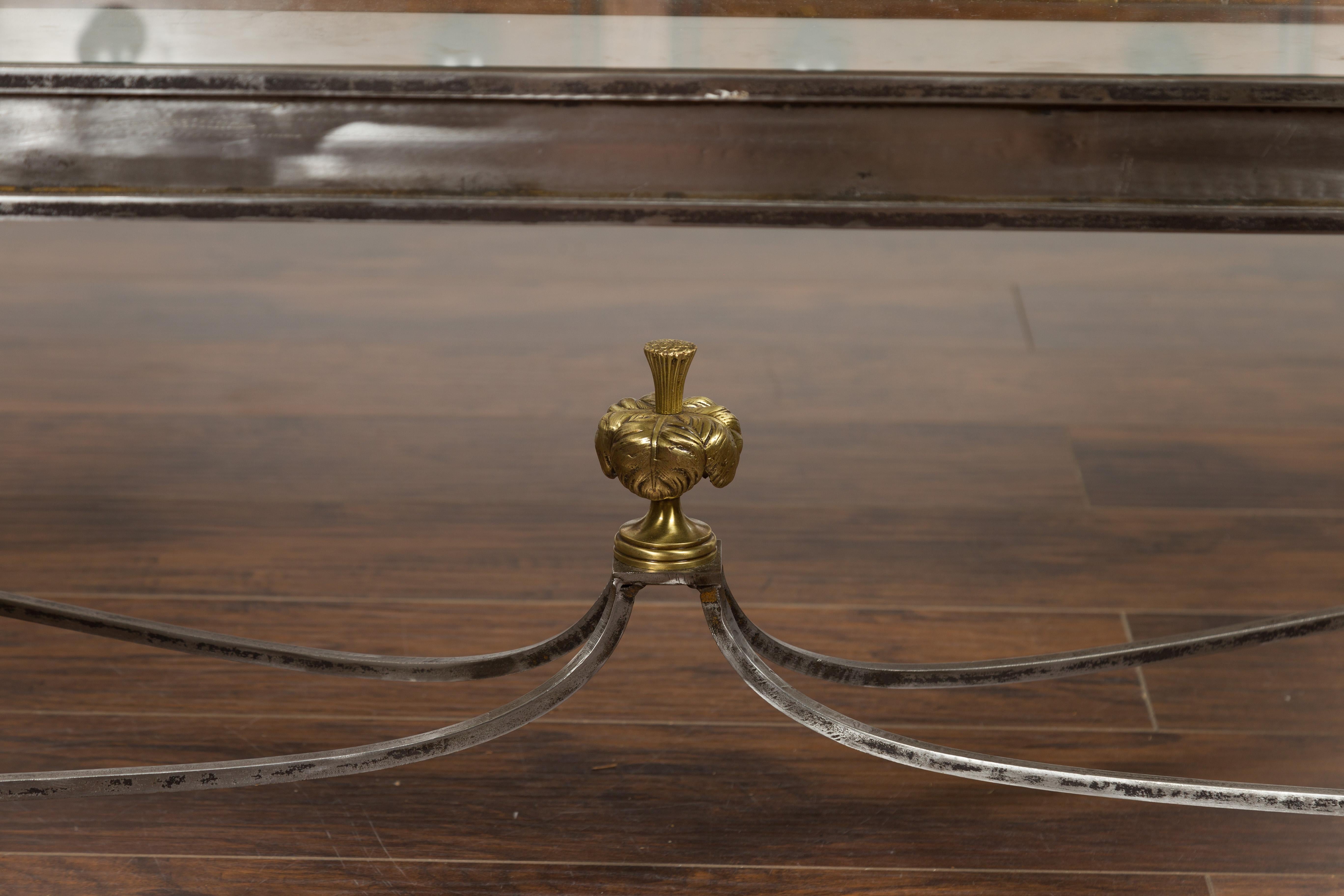 Italian Vintage Steel and Bronze Coffee Table with Glass Top and Feathery Finial 4