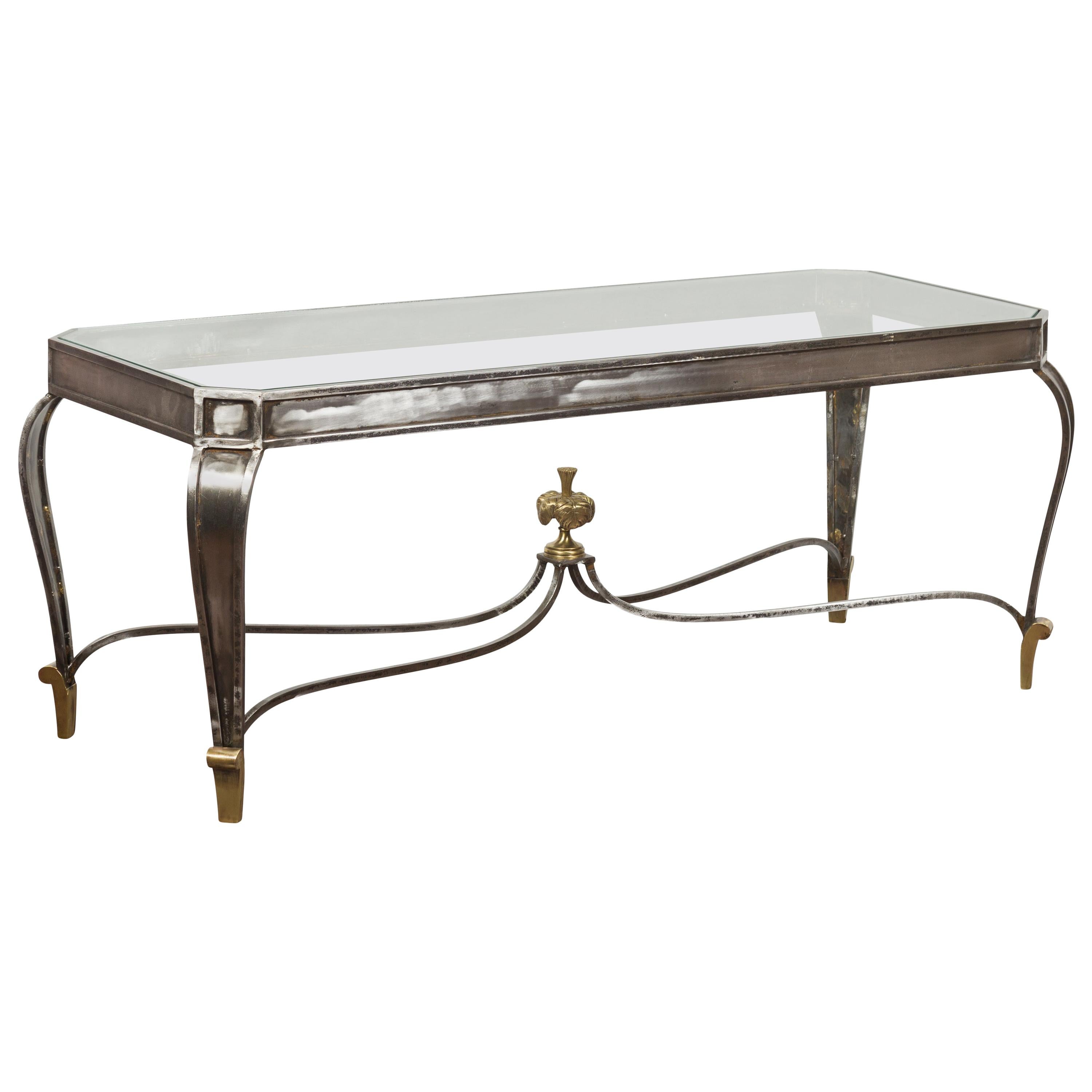 Italian Vintage Steel and Bronze Coffee Table with Glass Top and Feathery Finial