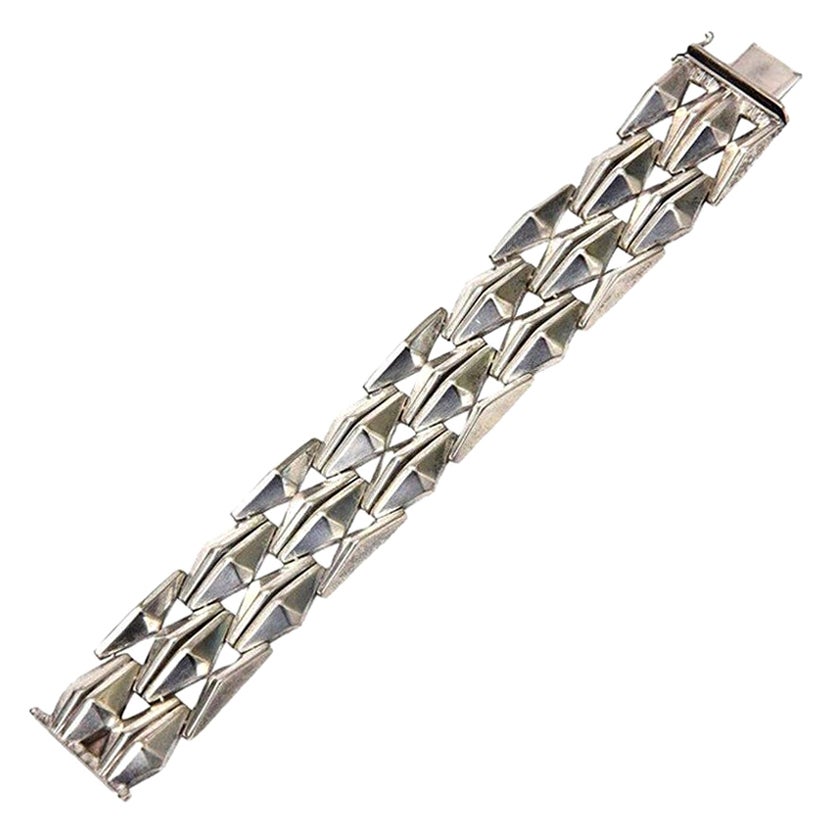 Italian Vintage Sterling Silver Geometric Row Link Bracelet
