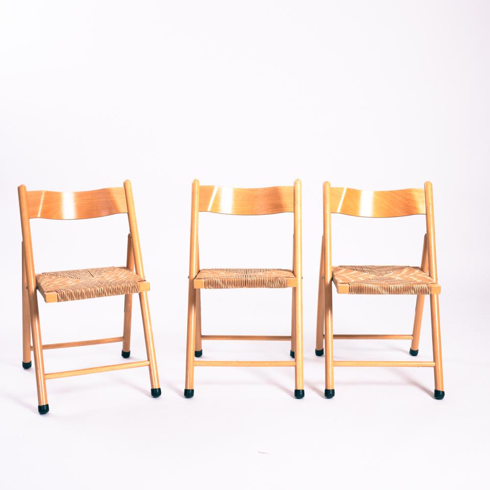 Italian vintage straw beech folding chairs, set of 3 For Sale 5