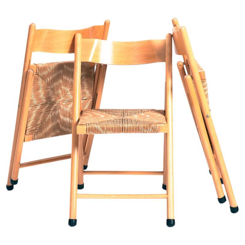 Chaises pliantes italiennes vintage en hêtre de paille, lot de 3