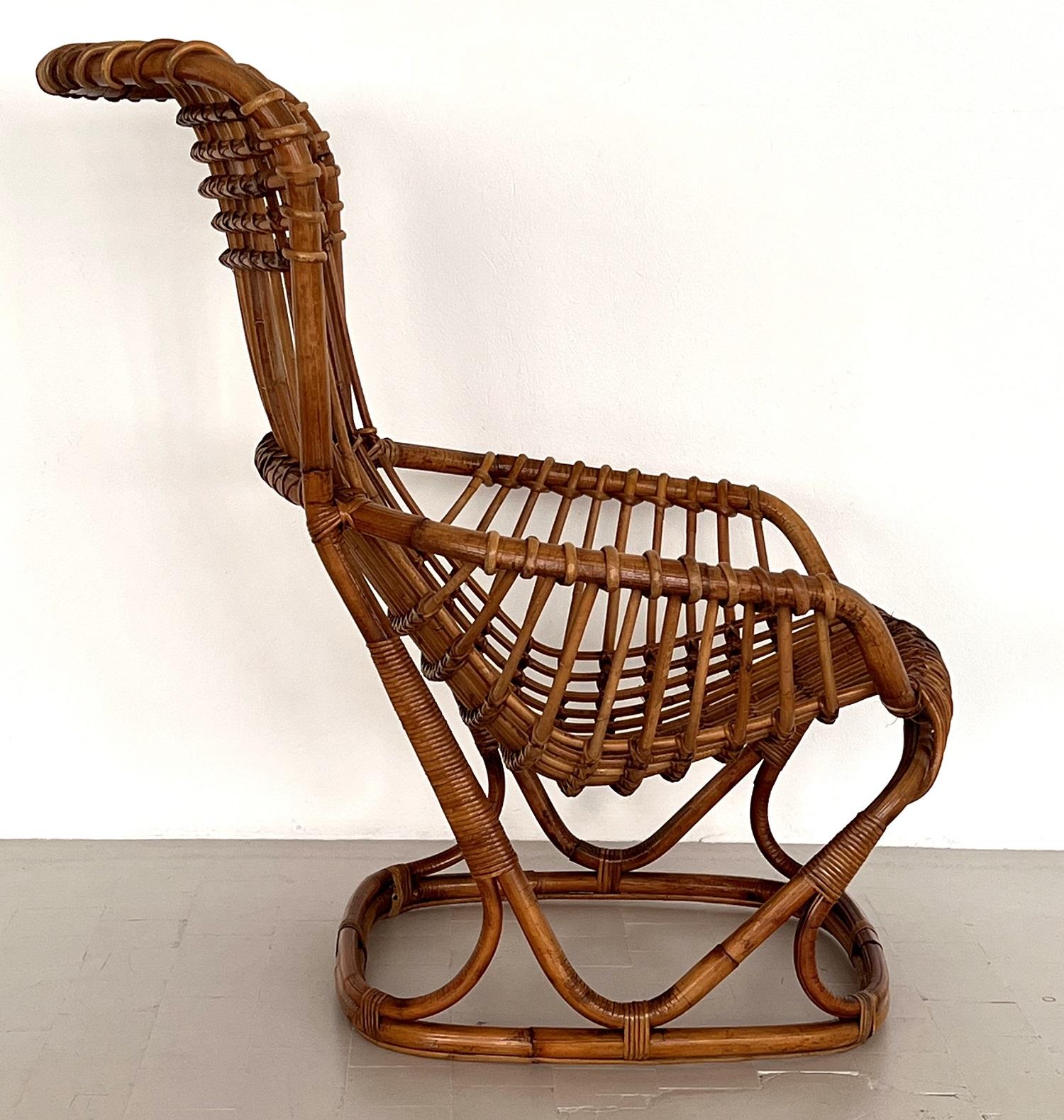 Mid-Century Modern Italian Vintage Tito Agnoli B4 Rattan Bamboo Armchair or Lounge Chair, 1970s For Sale