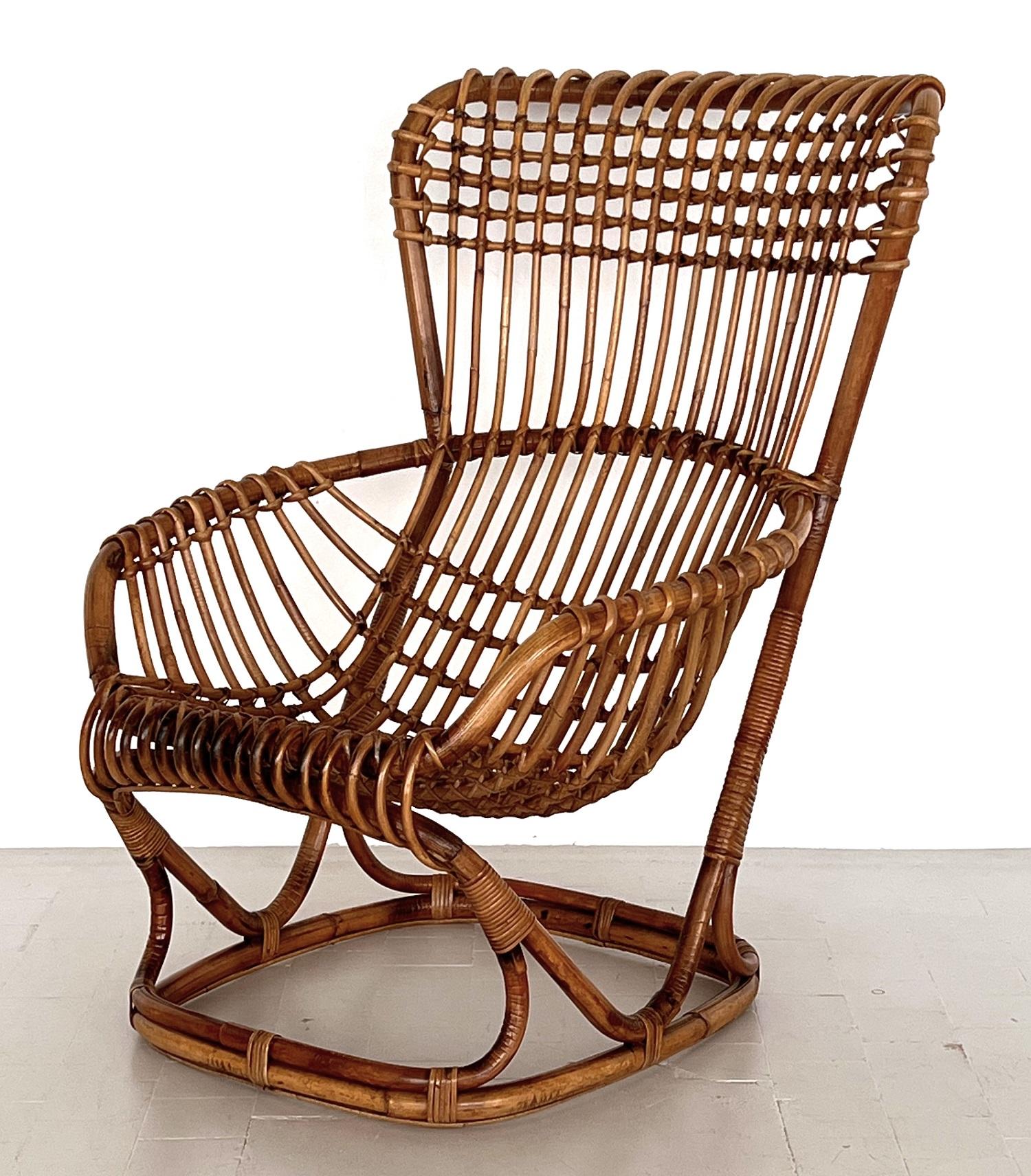 Italienischer Vintage Tito Agnoli B4 Rattan-Bambus-Sessel oder Lounge Chair, 1970er Jahre (Handgefertigt) im Angebot