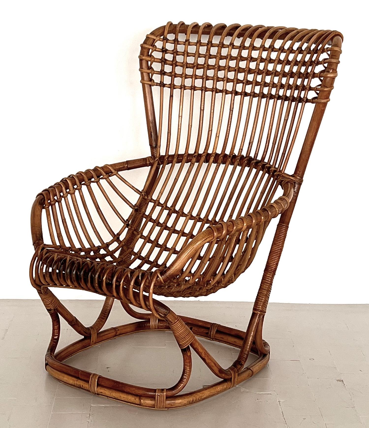 Italian Vintage Tito Agnoli B4 Rattan Bamboo Armchair or Lounge Chair, 1970s In Good Condition For Sale In Morazzone, Varese