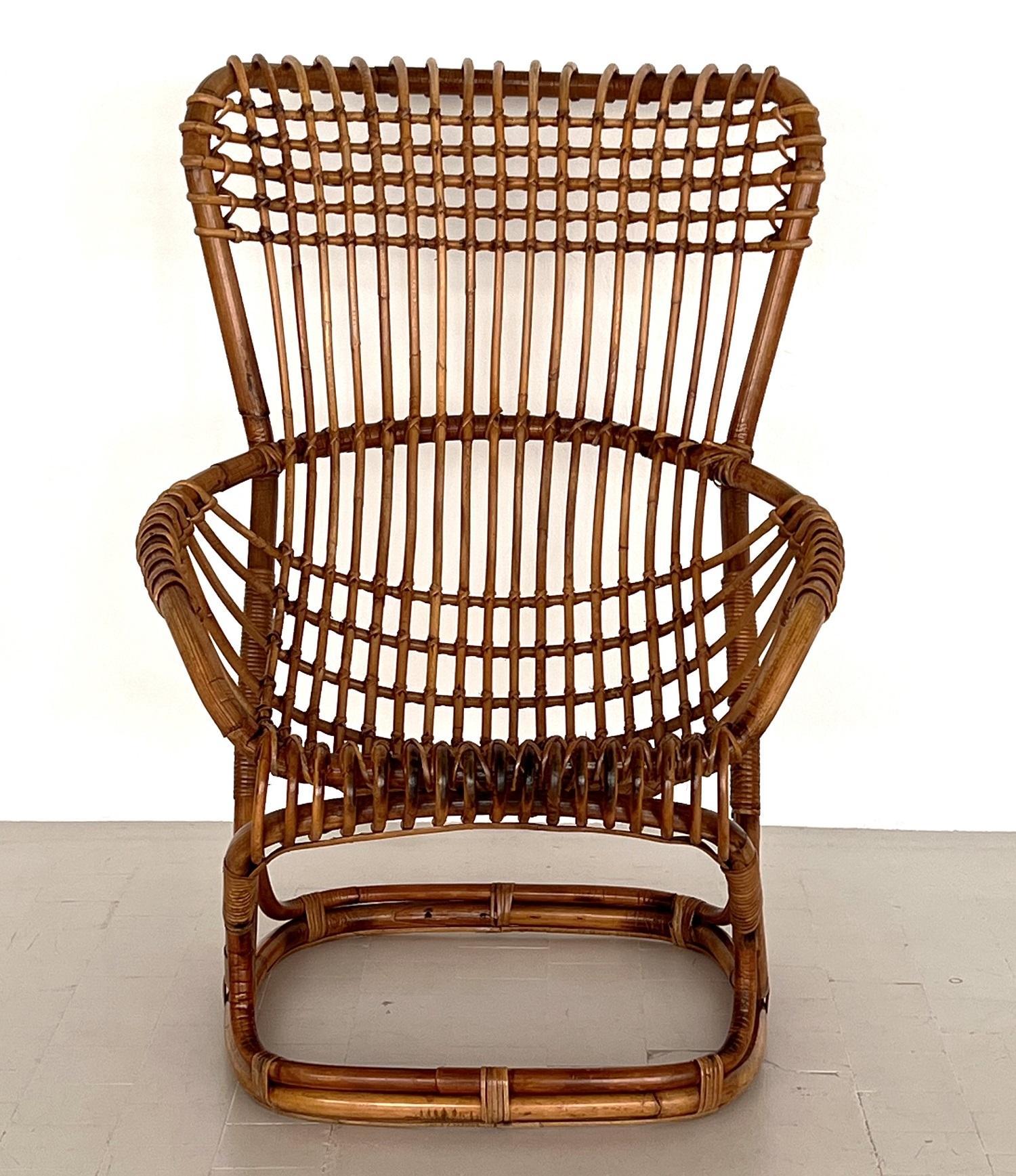 20th Century Italian Vintage Tito Agnoli B4 Rattan Bamboo Armchair or Lounge Chair, 1970s For Sale
