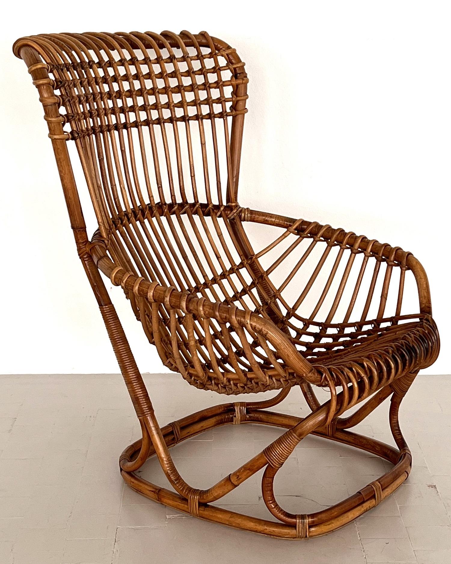 Italian Vintage Tito Agnoli B4 Rattan Bamboo Armchair or Lounge Chair, 1970s For Sale 1