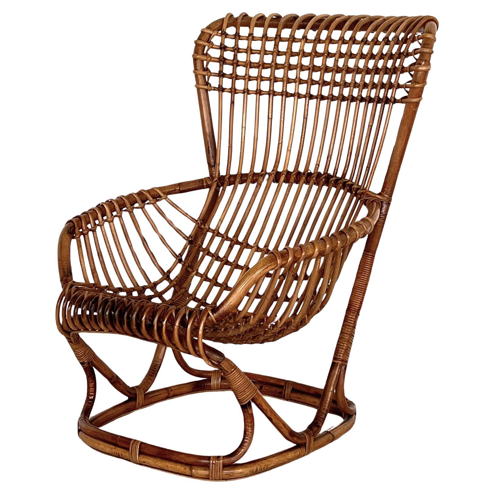 Italian Vintage Tito Agnoli B4 Rattan Bamboo Armchair or Lounge Chair, 1970s