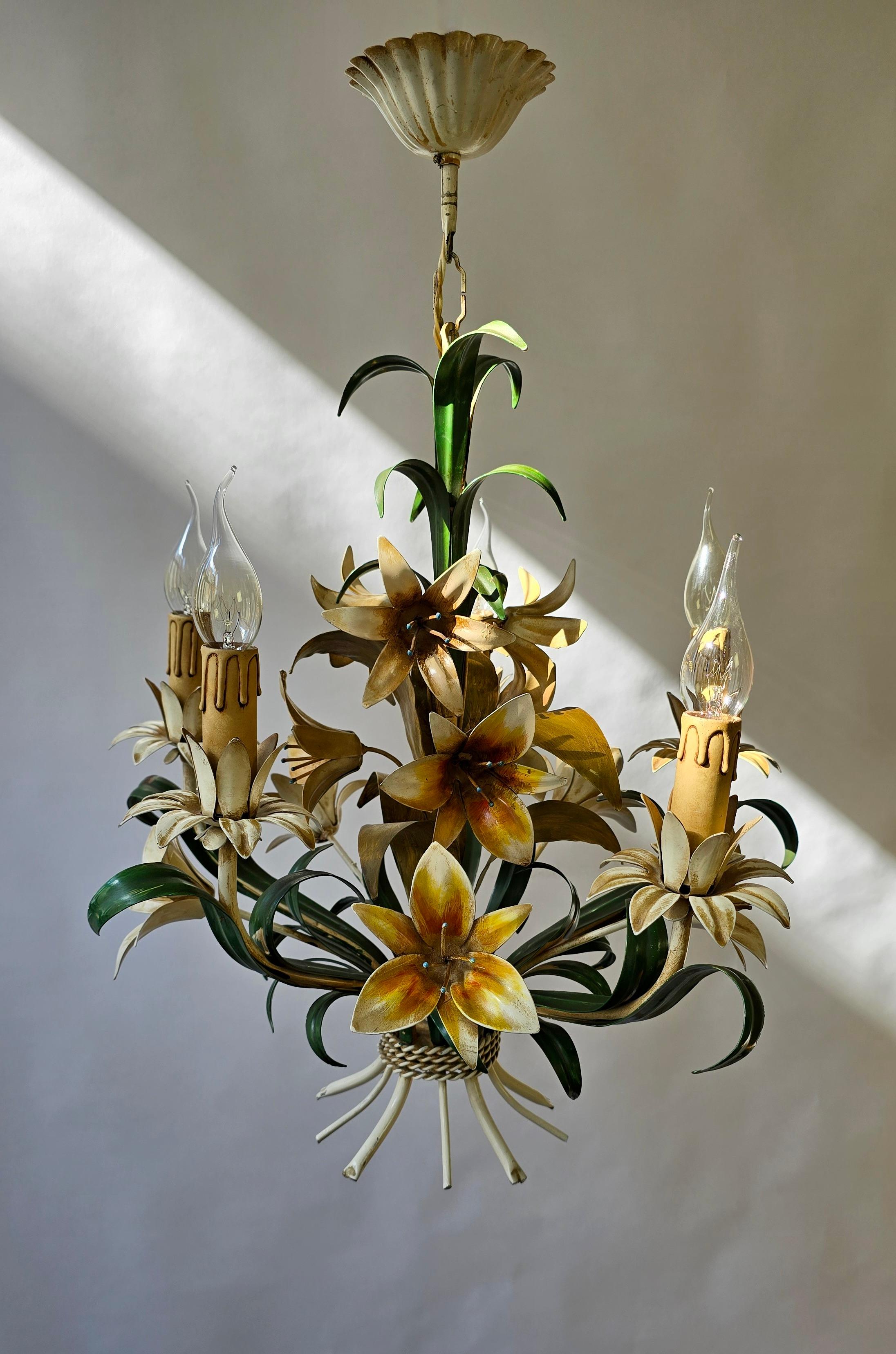 Country Italian Vintage Tole Floral Chandelier For Sale