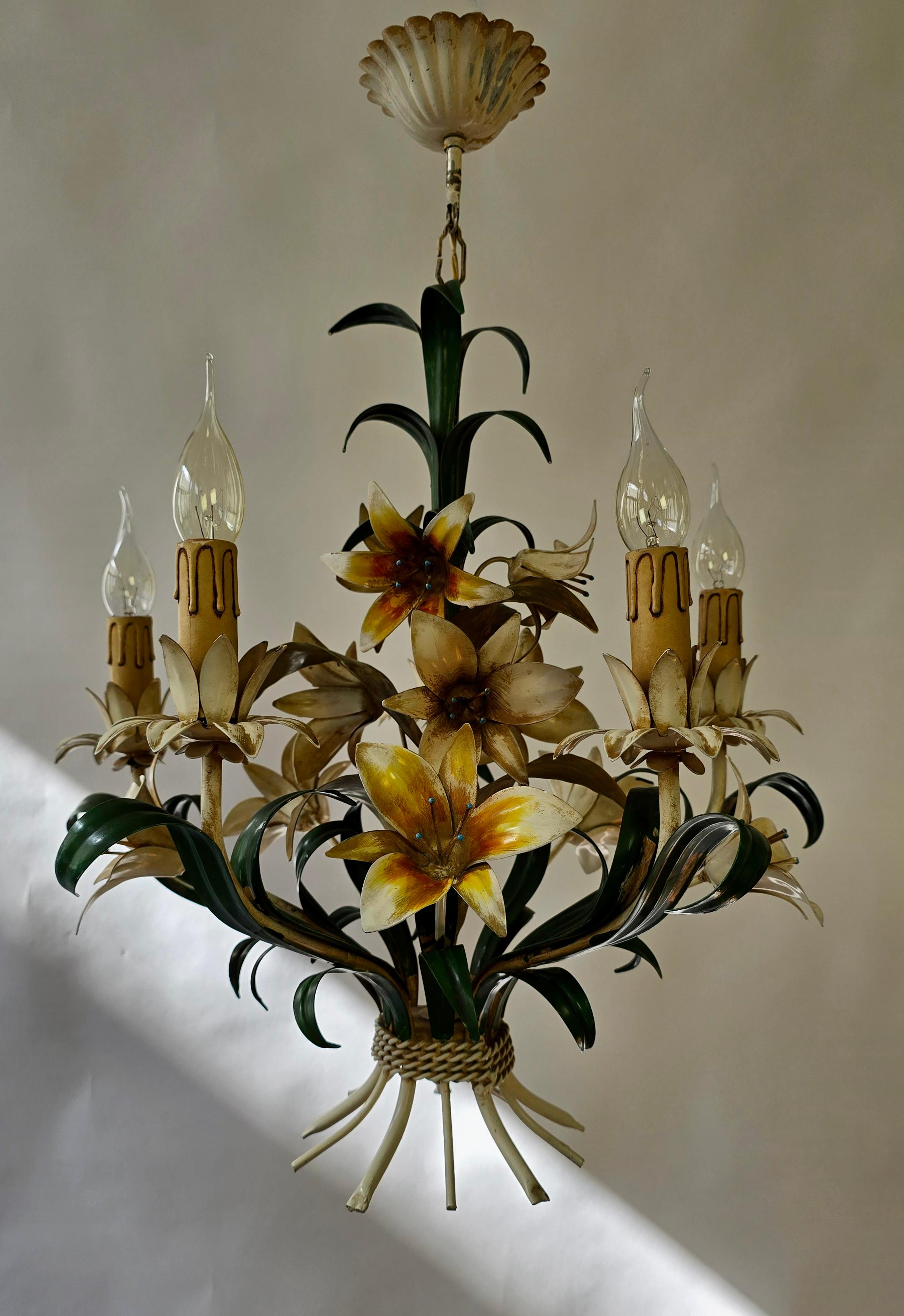 20th Century Italian Vintage Tole Floral Chandelier For Sale