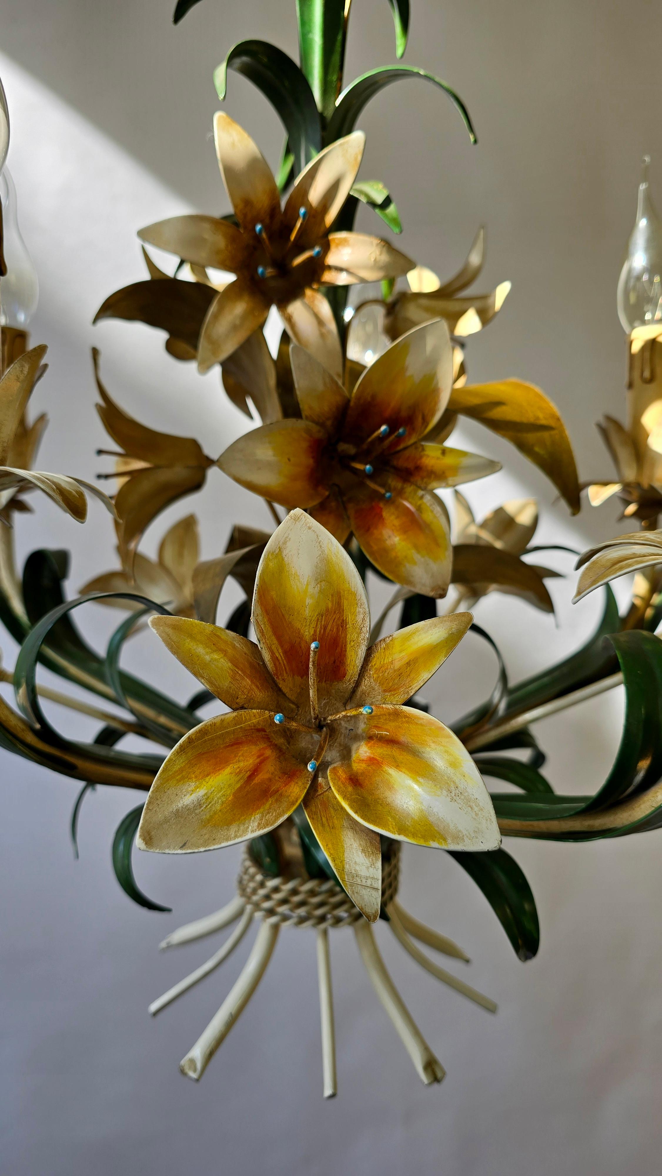Metal Italian Vintage Tole Floral Chandelier For Sale