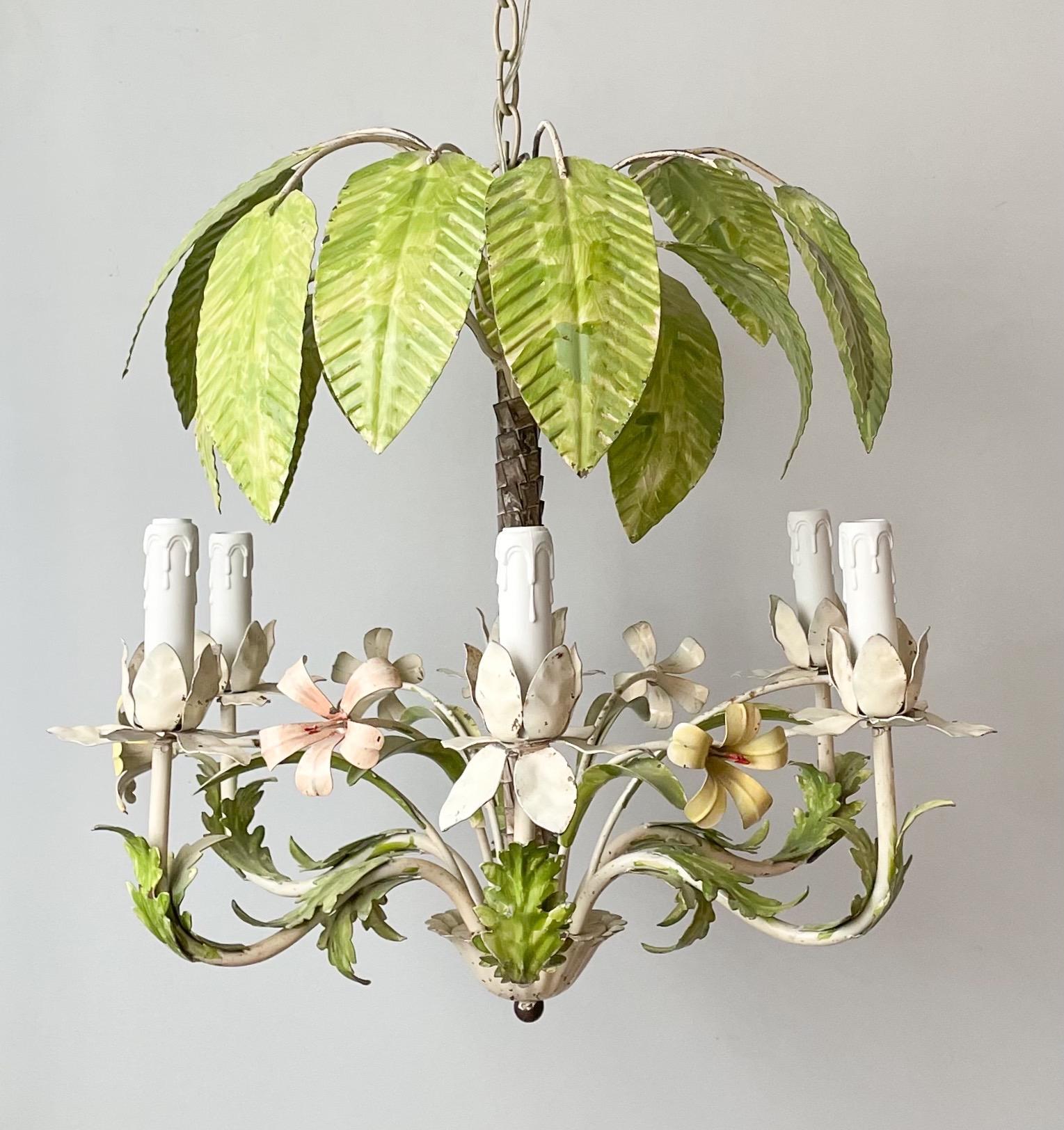 Bohemian Italian Vintage Tole-Painted Palm Tree Chandelier 