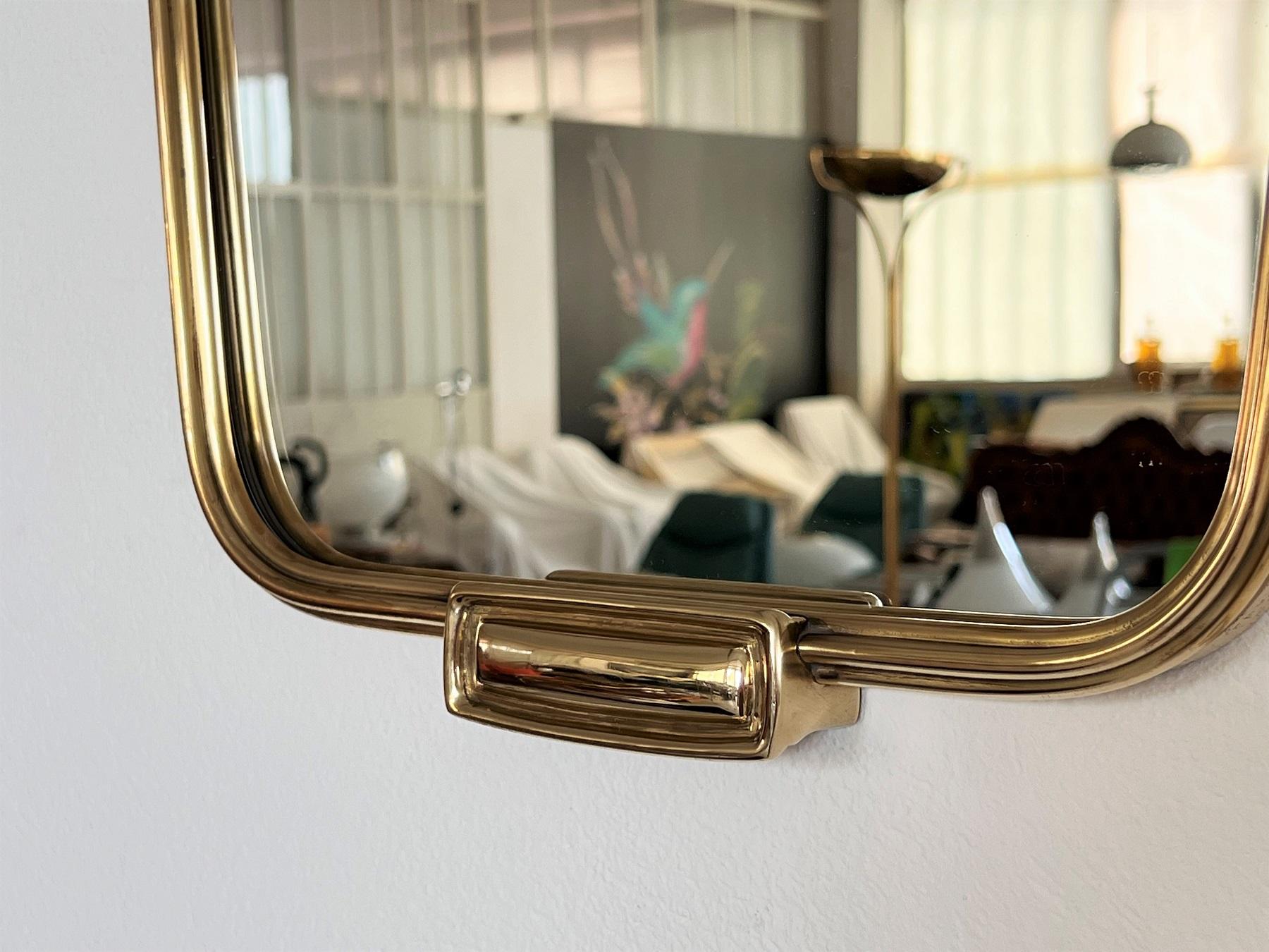 German Italian Vintage Wall Mirror with Brass Frame and Detail in Giò Ponti Style, 1970