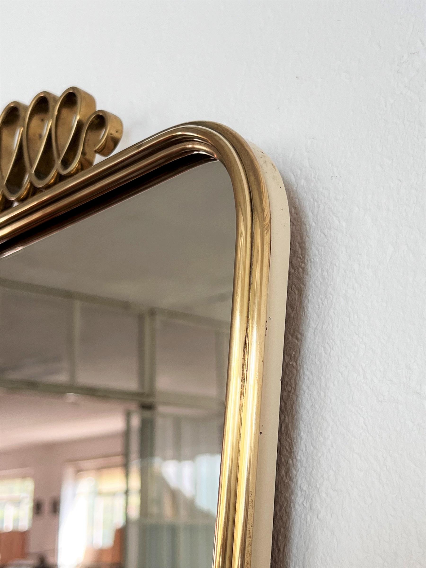 Late 20th Century Italian Vintage Wall Mirror with Brass Frame and Detail in Giò Ponti Style, 1970
