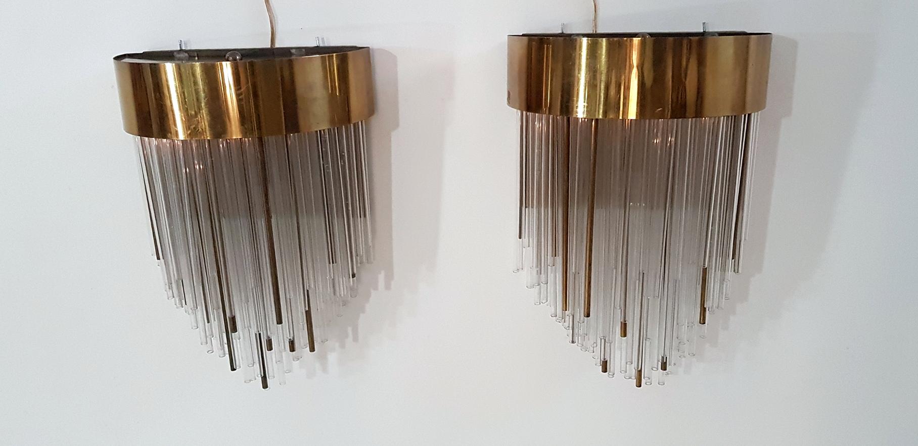 Late 20th Century Art Deco Wall Sconces in Brass and Glass For Sale