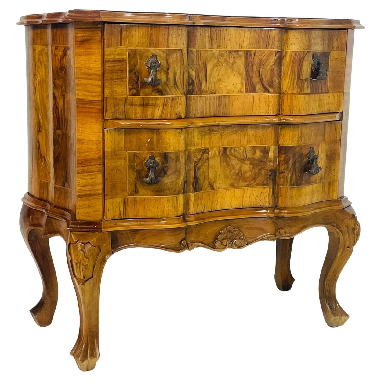 Italian Vintage Walnut Bombe Chest with Sculpted Legs For Sale