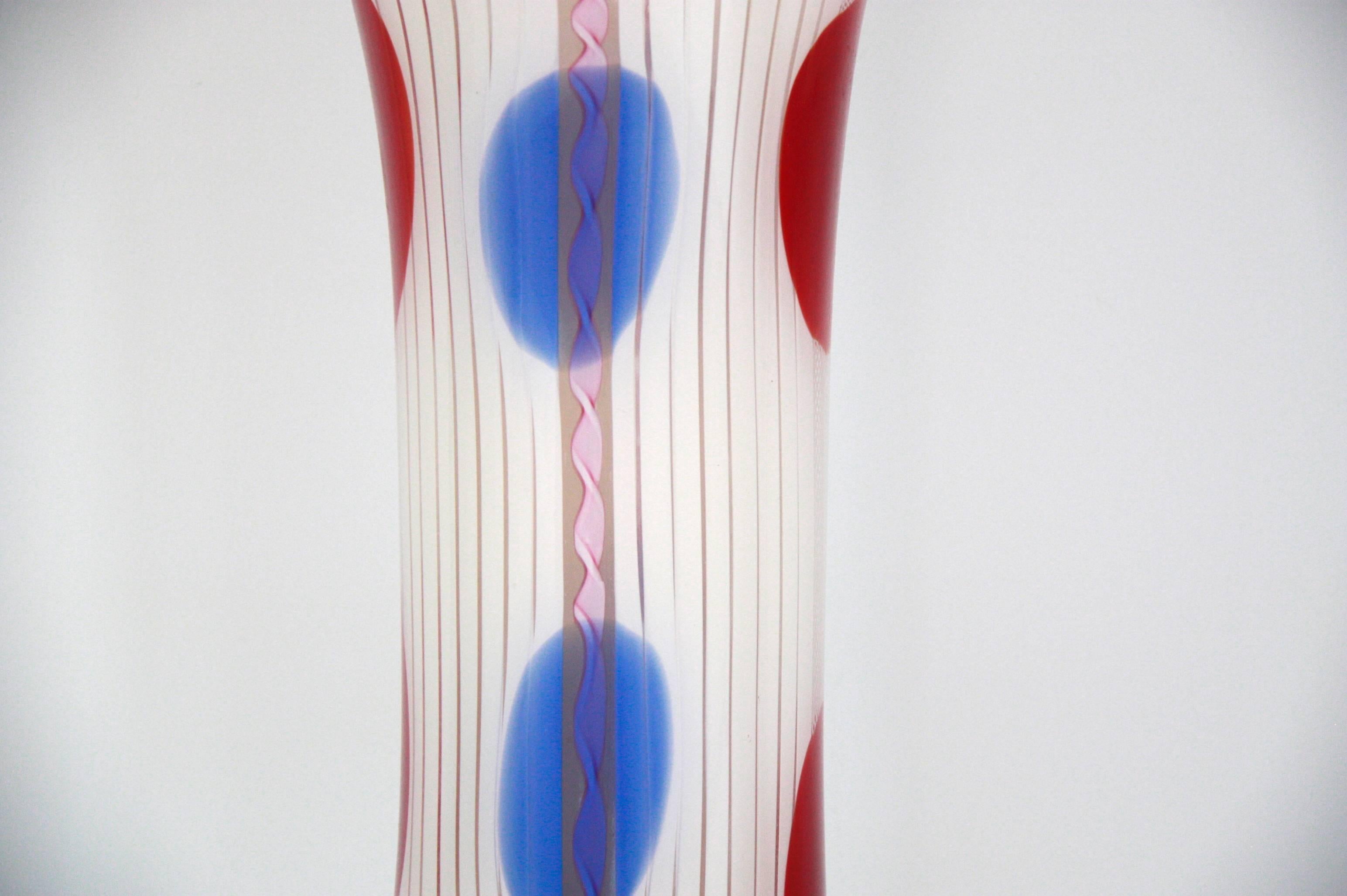 Mid-20th Century Italian Vintage White Red Blue Glass Vase for Avem Murano, circa 1955 For Sale