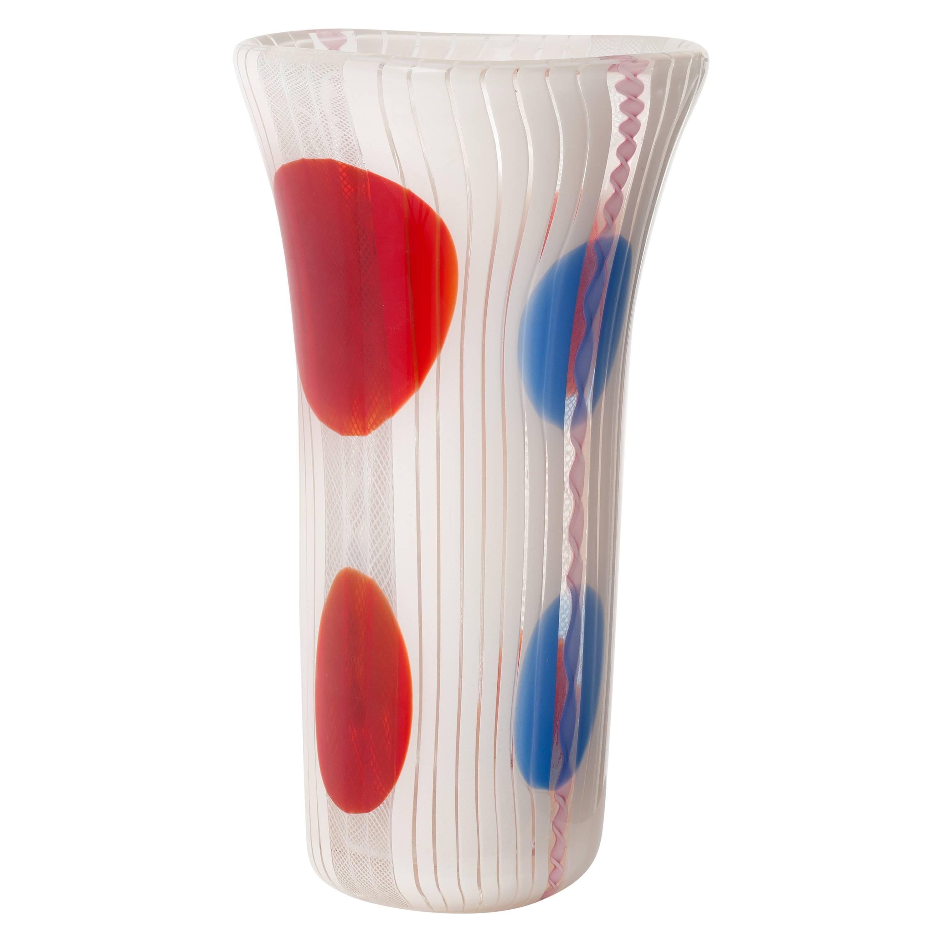 Italian Vintage White Red Blue Glass Vase for Avem Murano, circa 1955 For Sale
