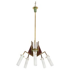 Italian Vintage Wood, Brass and Glass Five Arm Chandelier, circa 1950