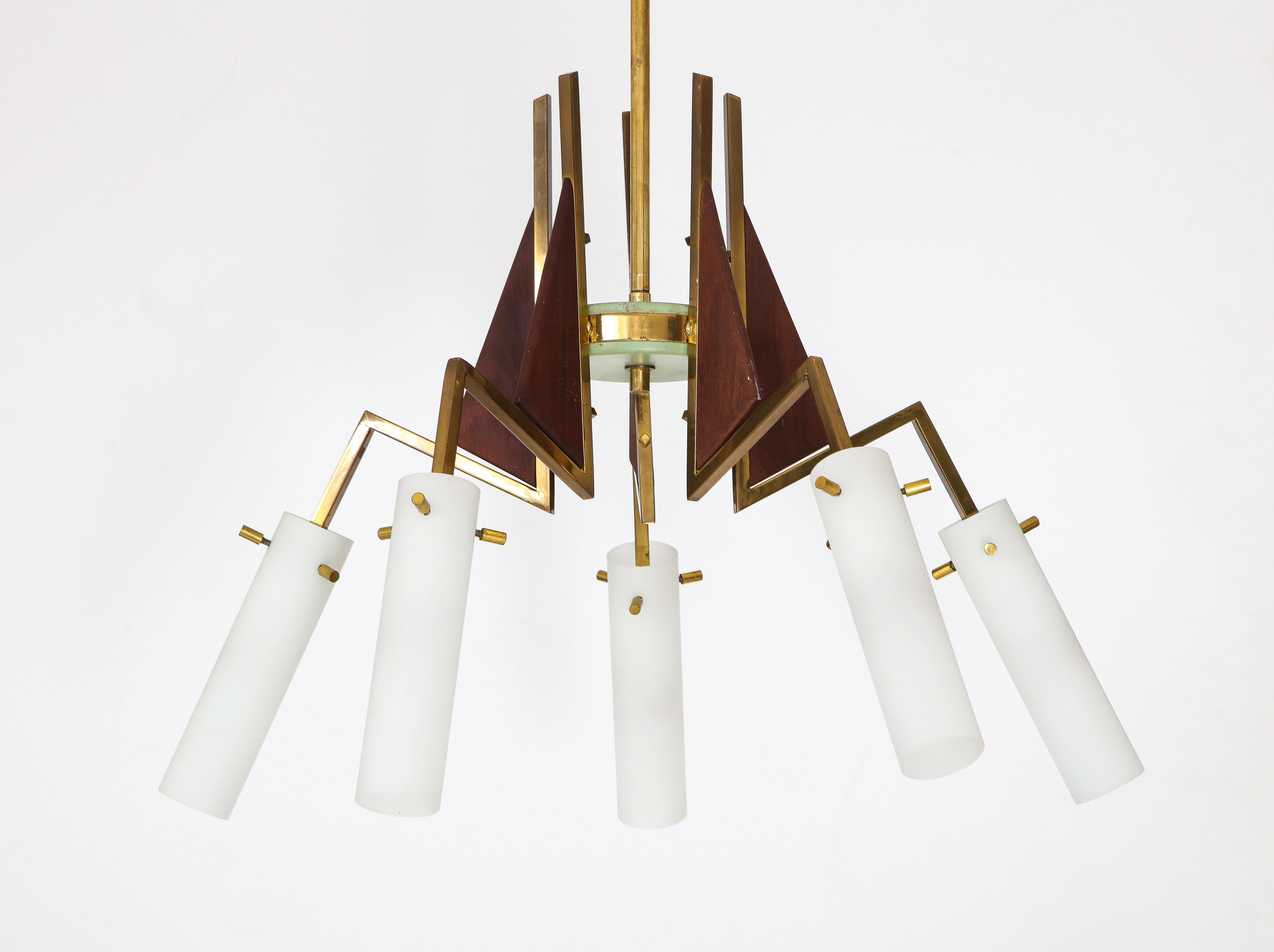 Italian Vintage Wood, Brass and Glass Five Arm Chandelier, circa 1950 5