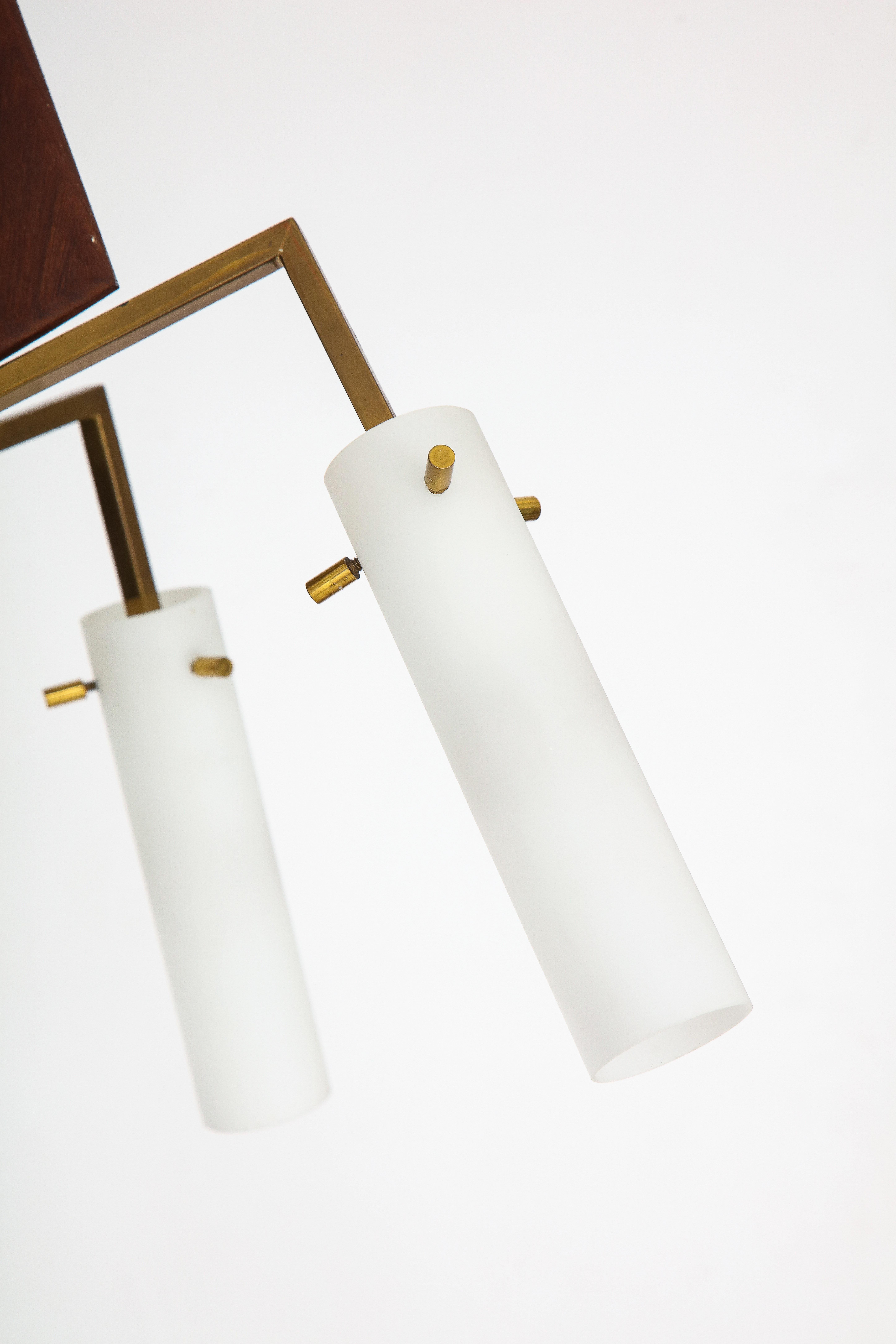 Italian Vintage Wood, Brass and Glass Five Arm Chandelier, circa 1950 2