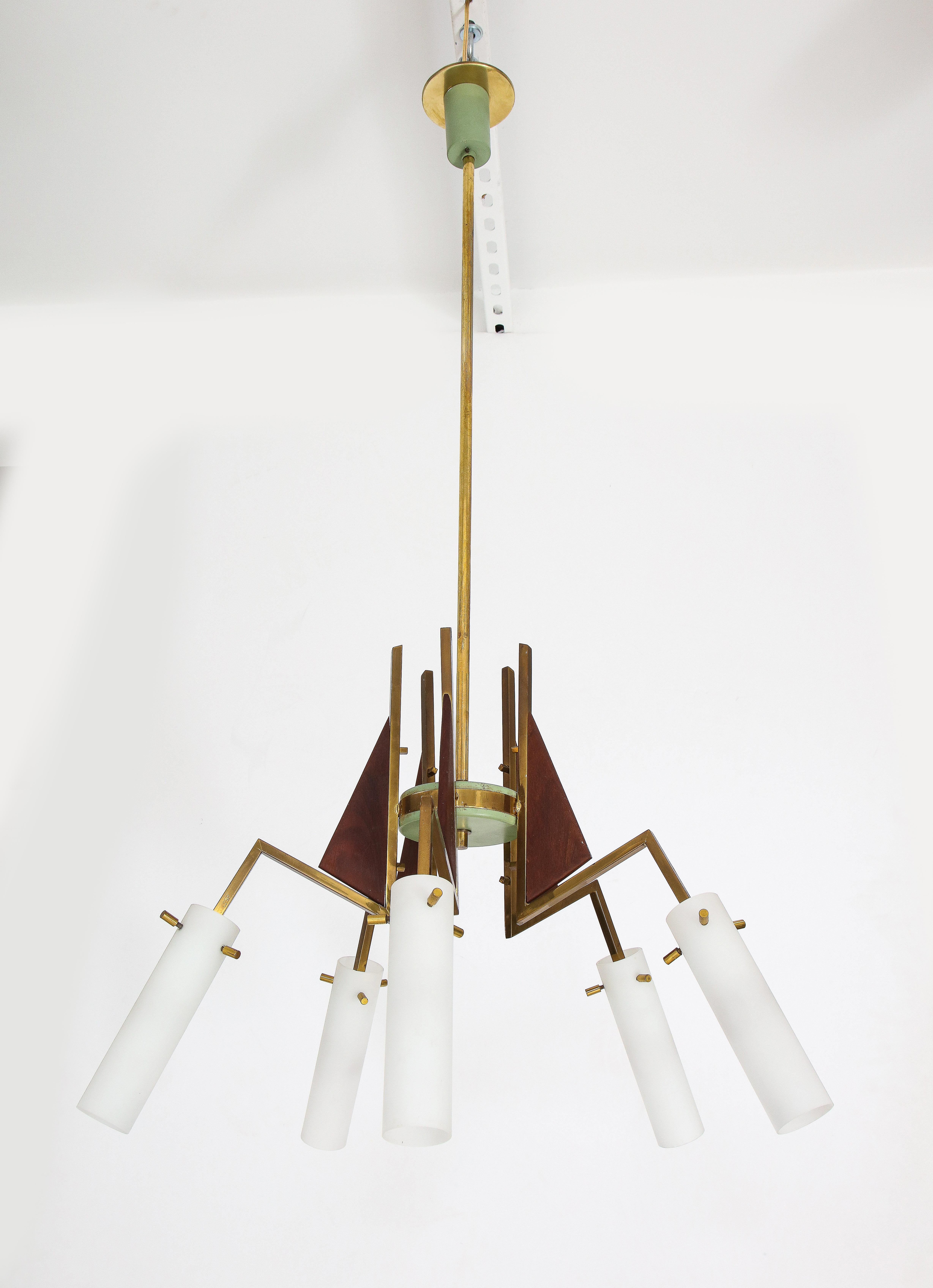 Italian Vintage Wood, Brass and Glass Five Arm Chandelier, circa 1950 3