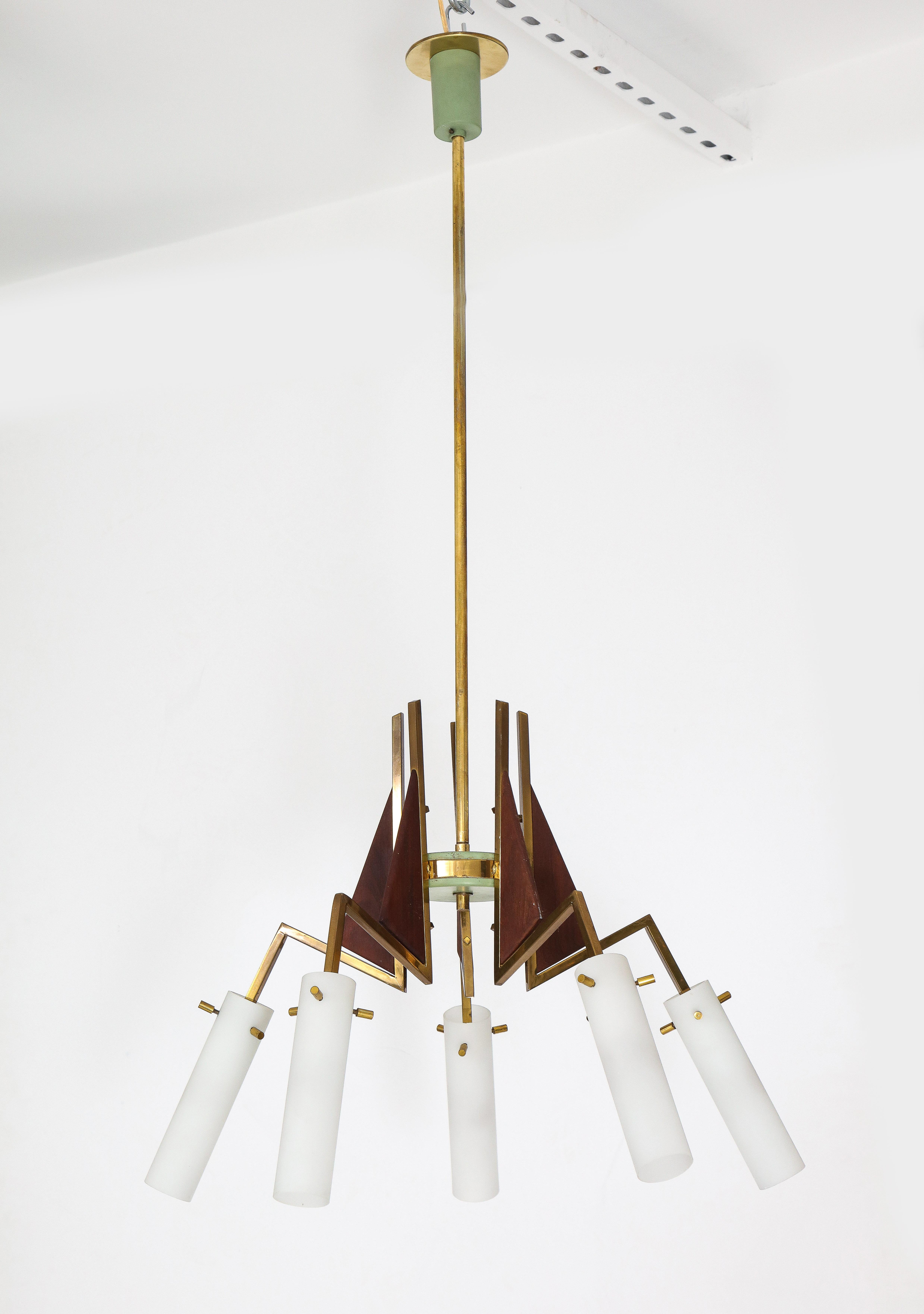 Italian Vintage Wood, Brass and Glass Five Arm Chandelier, circa 1950 4