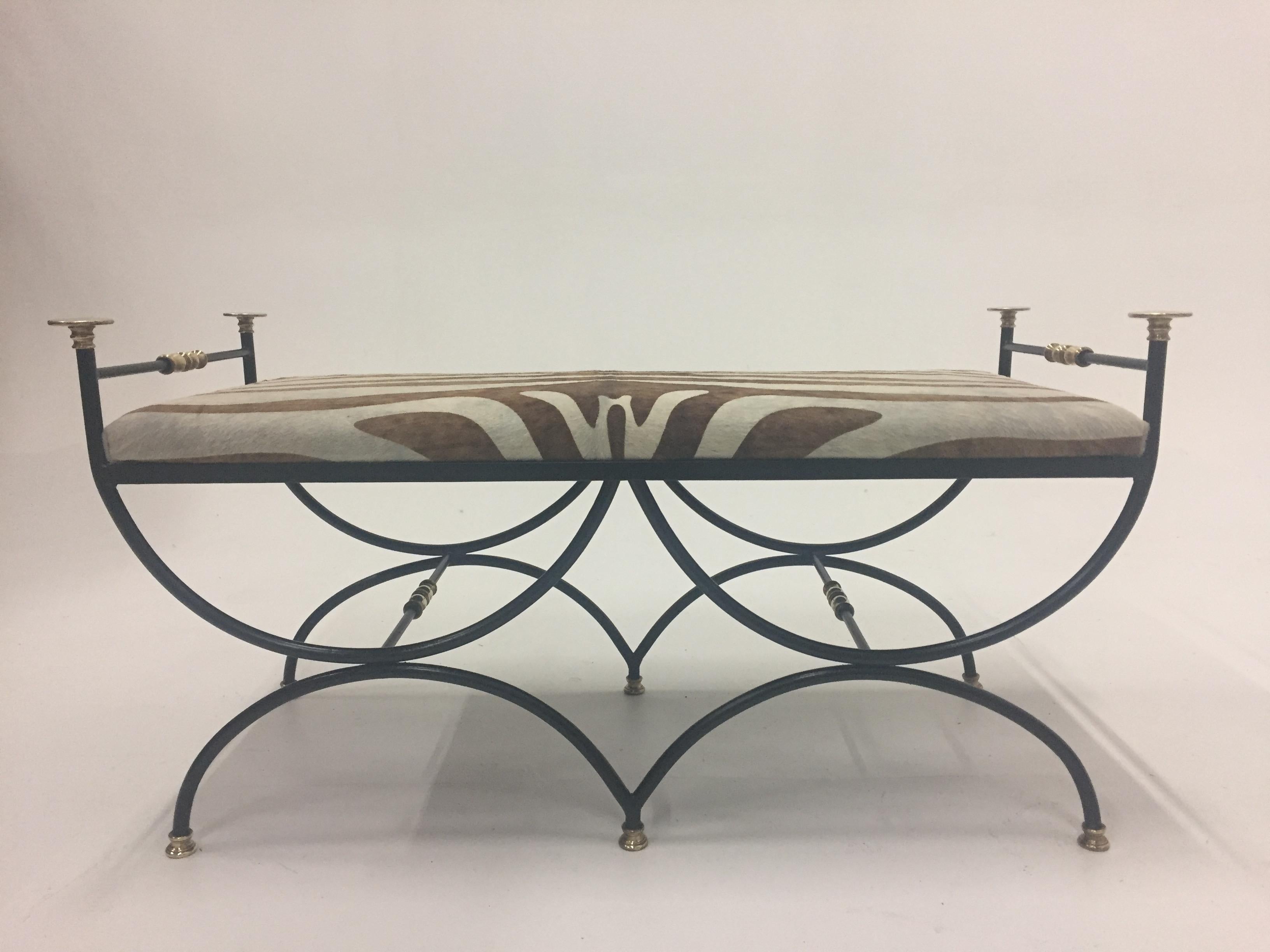 Neoclassical Italian Vintage Wrought Iron Brass and Cowhide Bench