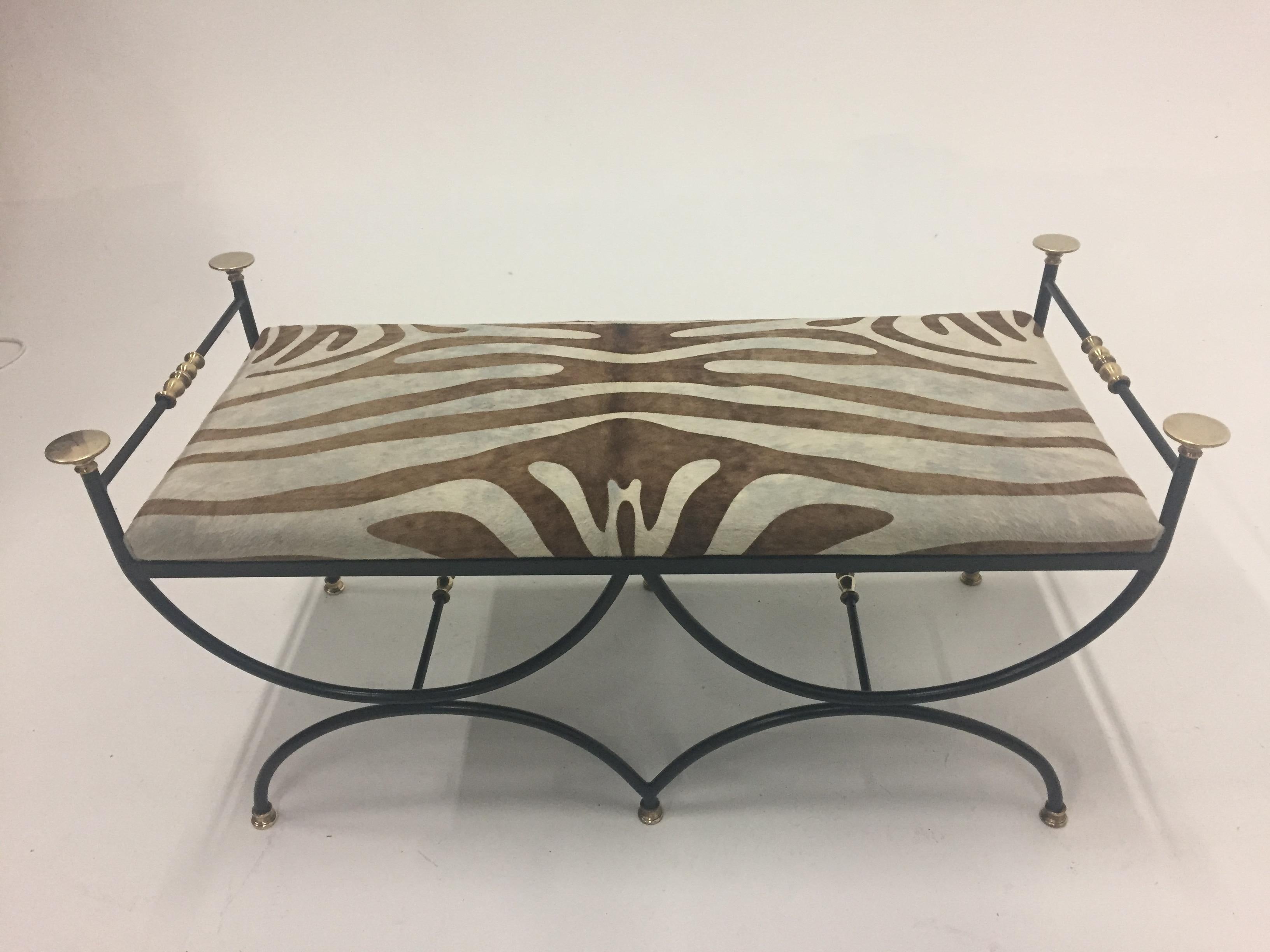 Italian Vintage Wrought Iron Brass and Cowhide Bench In Excellent Condition In Hopewell, NJ