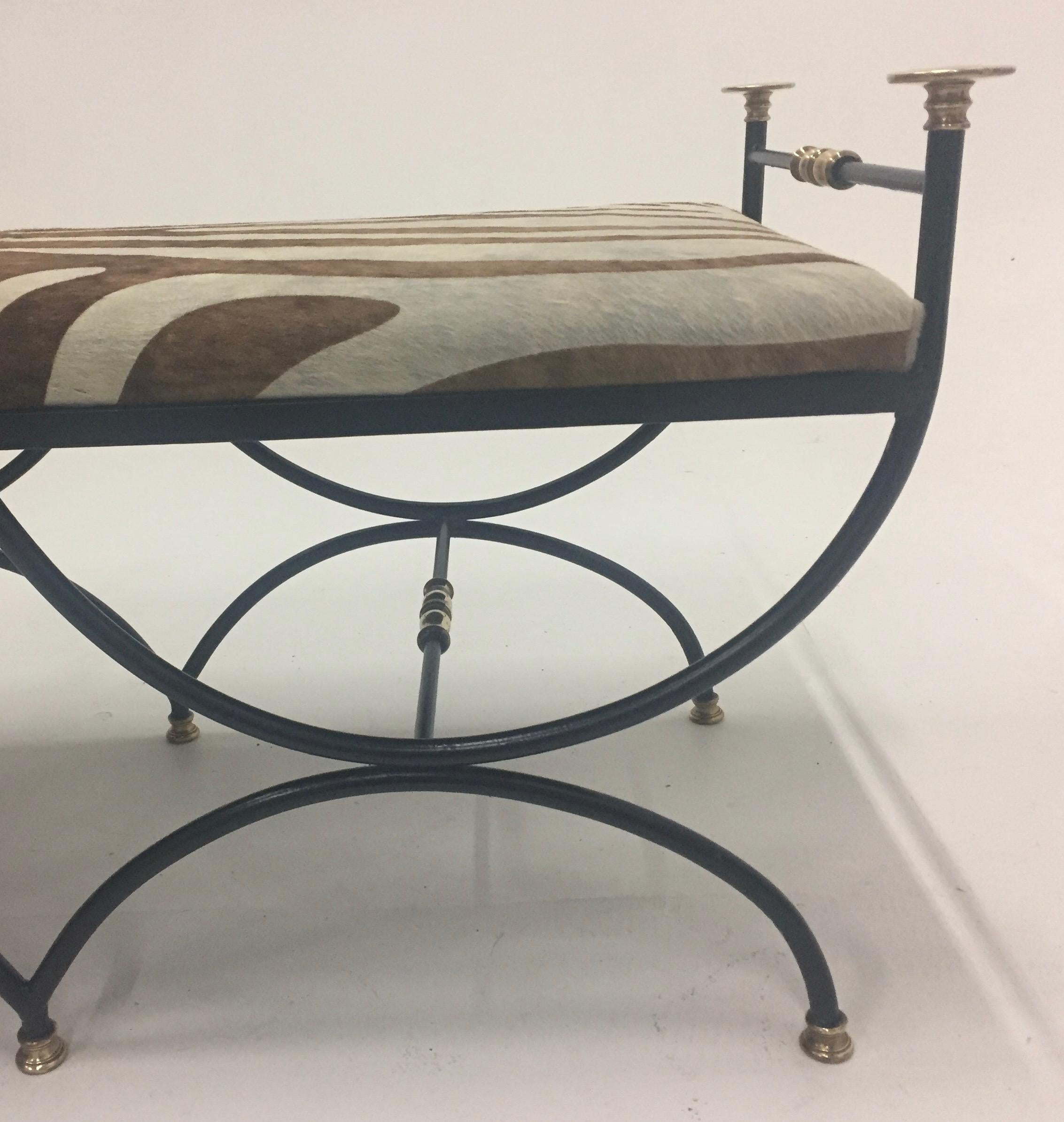 Mid-20th Century Italian Vintage Wrought Iron Brass and Cowhide Bench