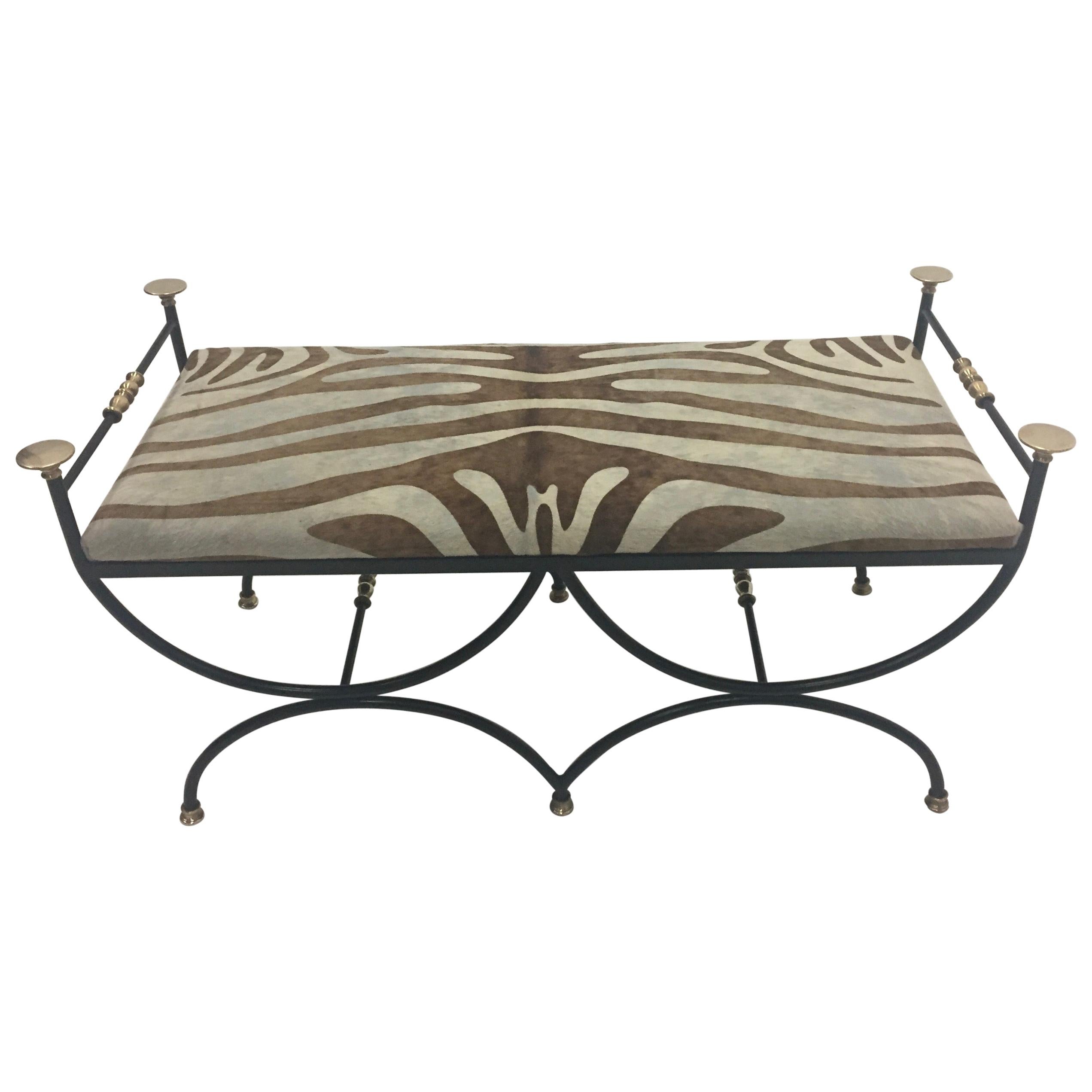 Italian Vintage Wrought Iron Brass and Cowhide Bench