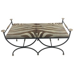 Italian Vintage Wrought Iron Brass and Cowhide Bench