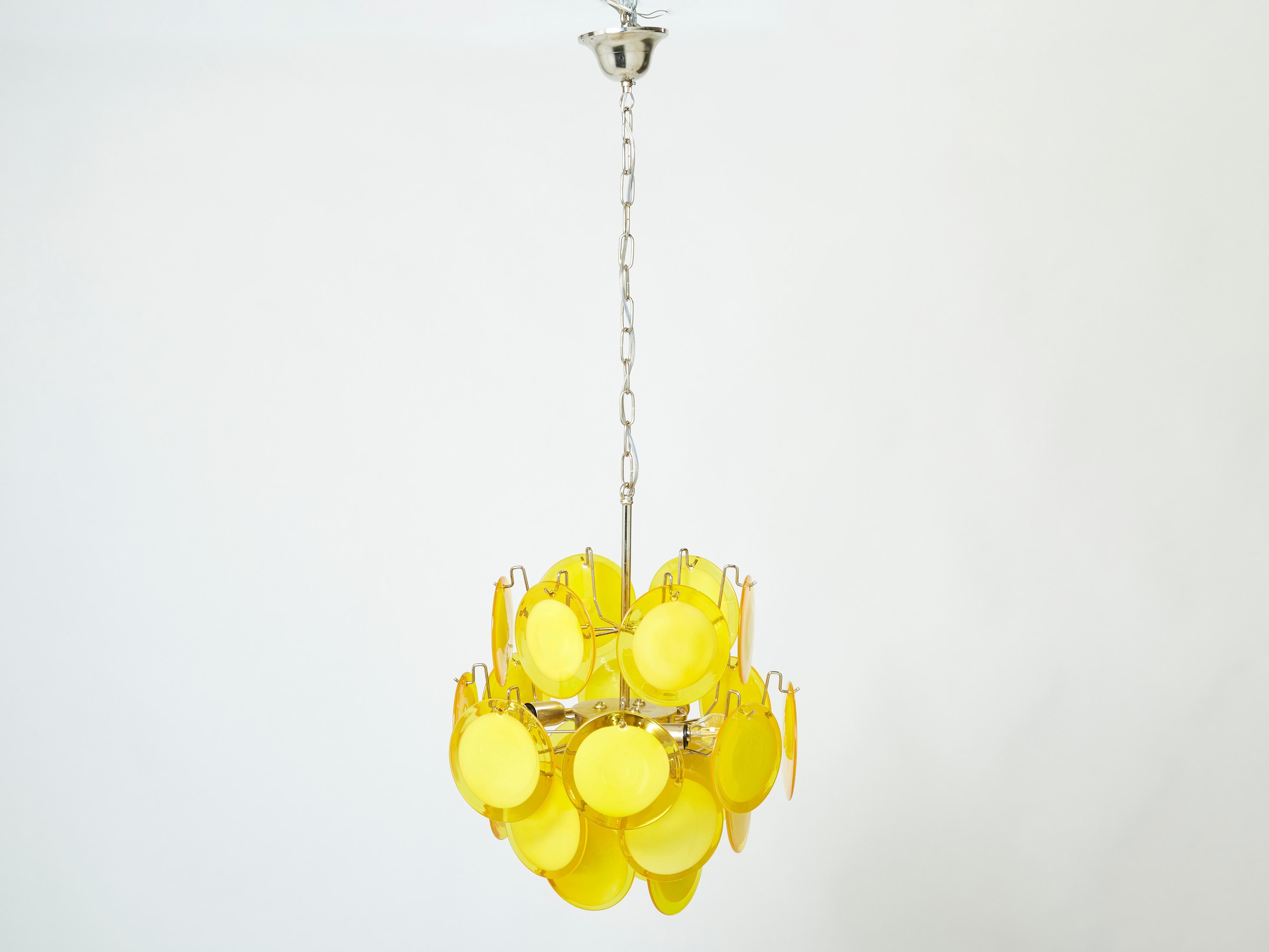 Mid-Century Modern Italian Vistosi for Murano Chandelier Yellow Glass Discs, 1970s