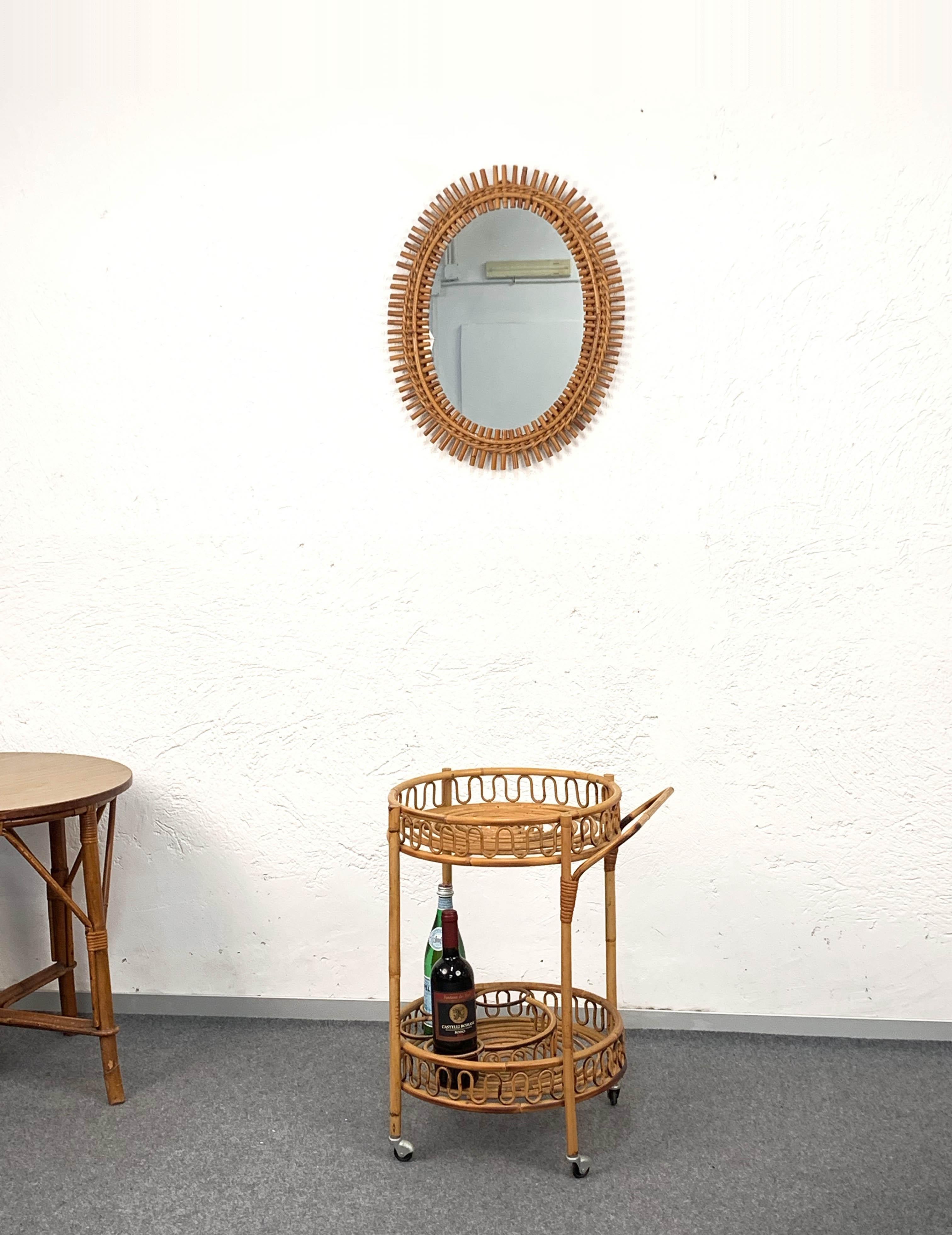 Italian Vittorio Bonacina Bamboo and Rattan Round Service Side Bar Cart, 1960s 6