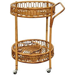 Italian Vittorio Bonacina Bamboo and Rattan Round Service Side Bar Cart, 1960s