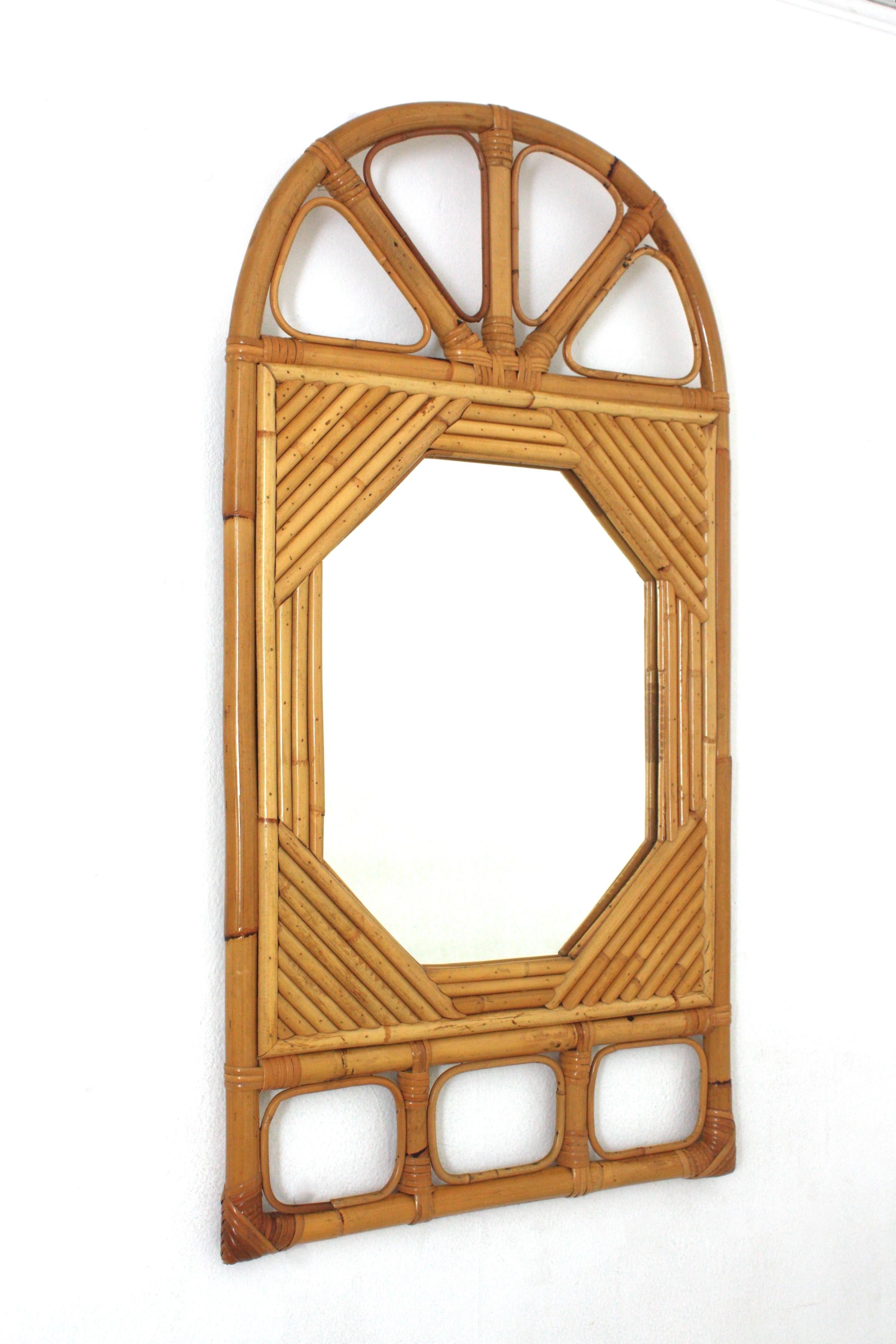 Hand-Crafted Italian Vivai del Sud Split Reed Rattan Arched Mirror For Sale