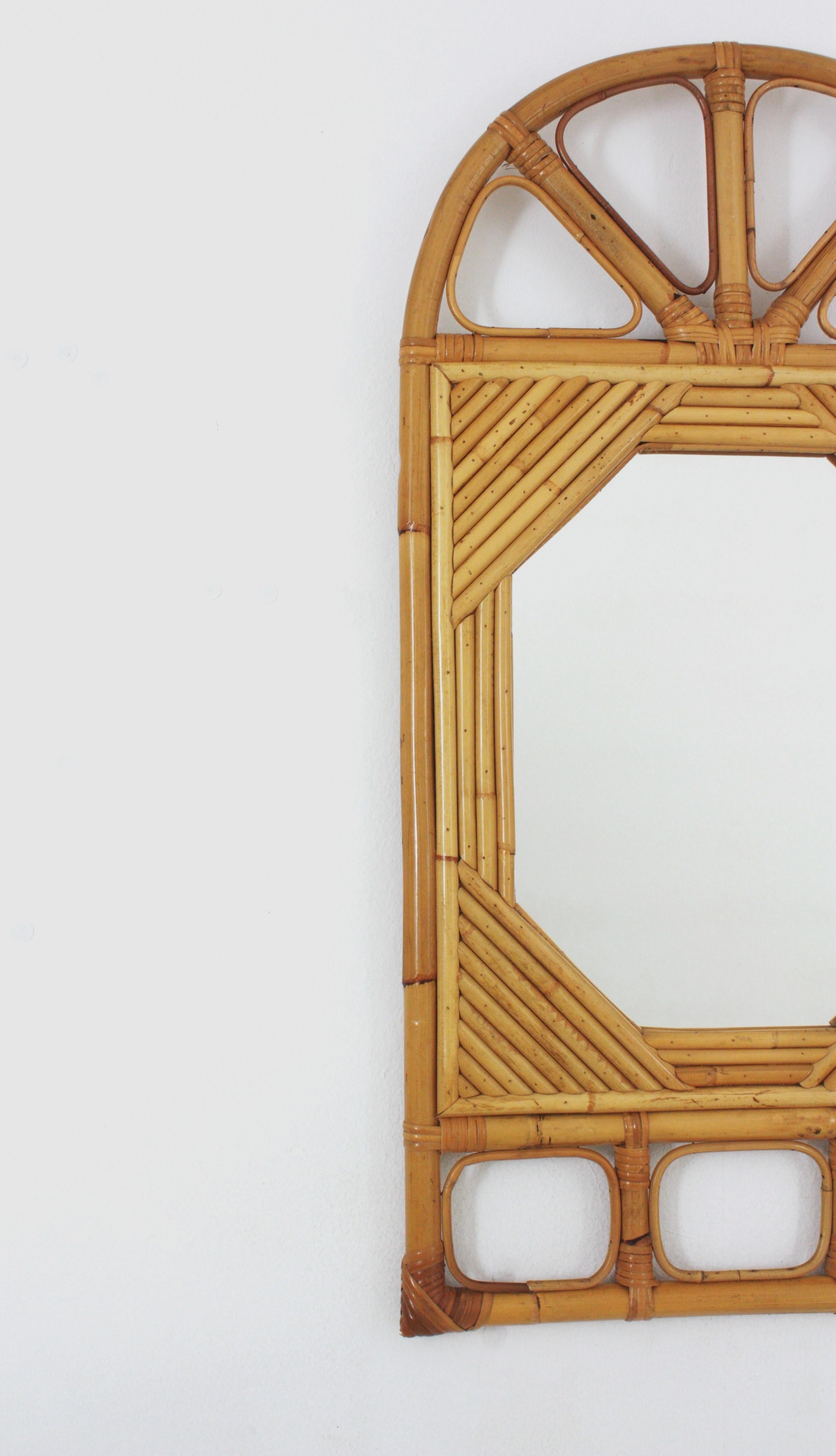 Bamboo Italian Vivai del Sud Split Reed Rattan Arched Mirror For Sale