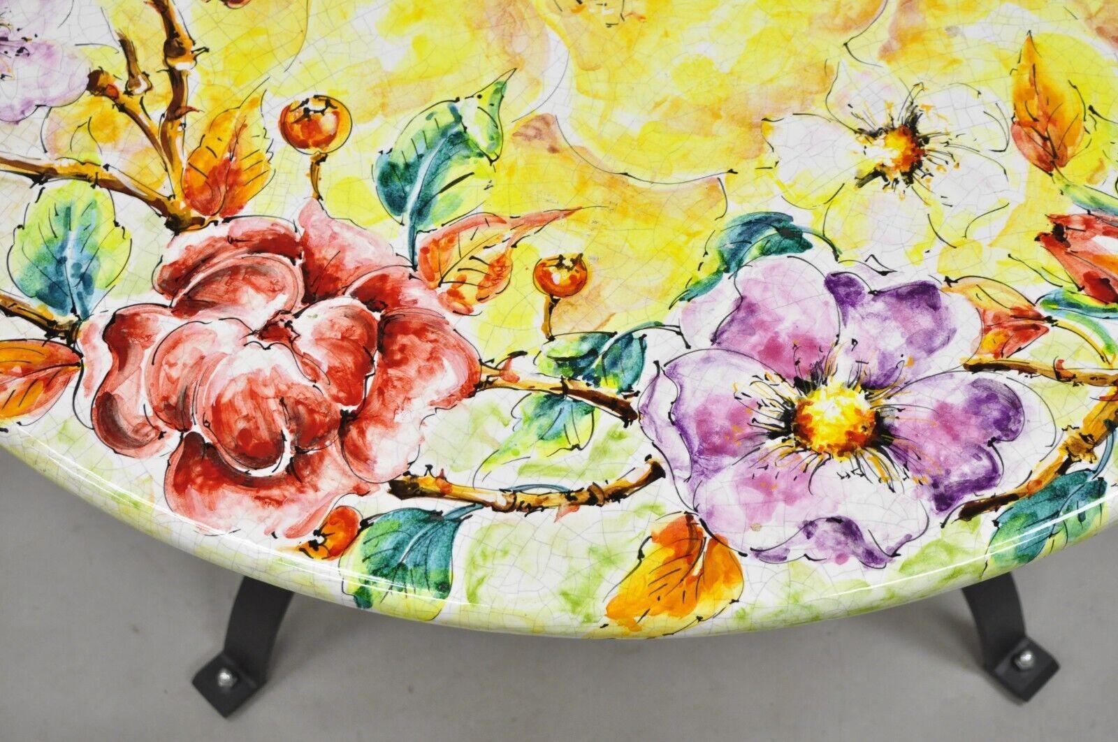 Italian Volcanic Fire Glazed Floral Painted Outdoor Dining Table Set - 7 Pcs For Sale 5