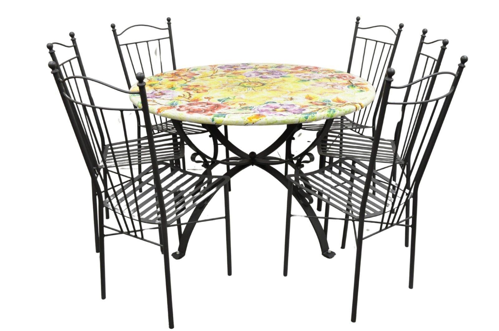 Italian Volcanic Fire Glazed Floral Painted Outdoor Dining Table Set - 7 Pcs For Sale 6