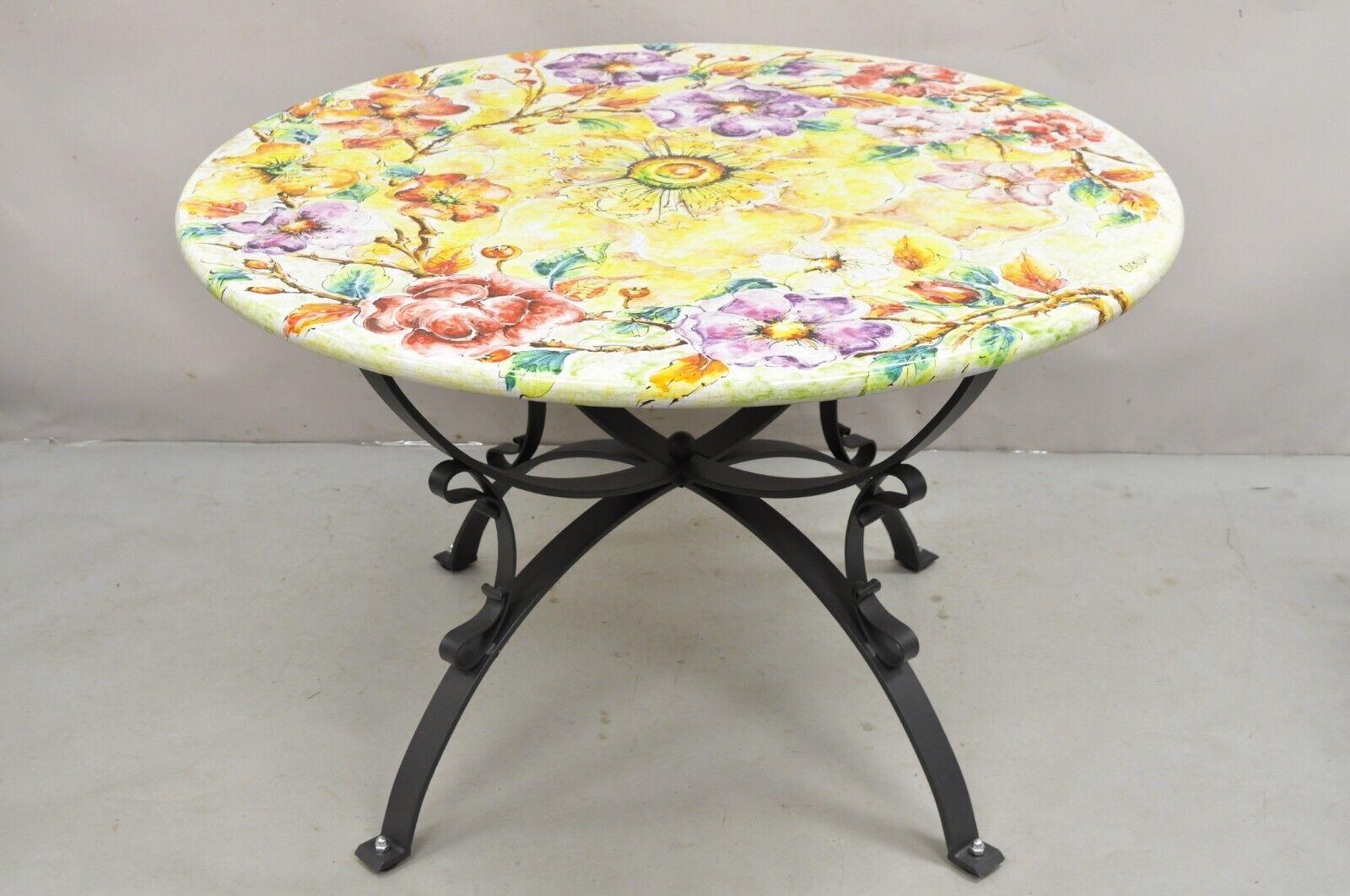 Italian Volcanic Fire Glazed Stone Floral Hand Painted Outdoor Dining Table Set - 7 Pcs. Item features Artist signed hand painted stone top dining table made of volcanic stone that is resistant to most rigorous climates, supported by powder coated