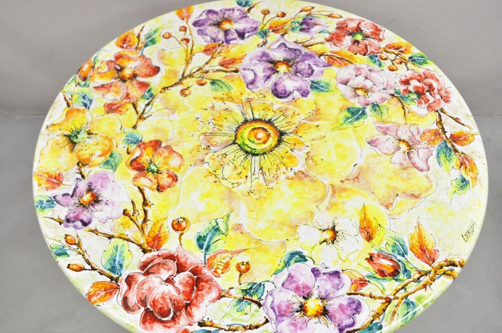 Hollywood Regency Italian Volcanic Fire Glazed Floral Painted Outdoor Dining Table Set - 7 Pcs For Sale