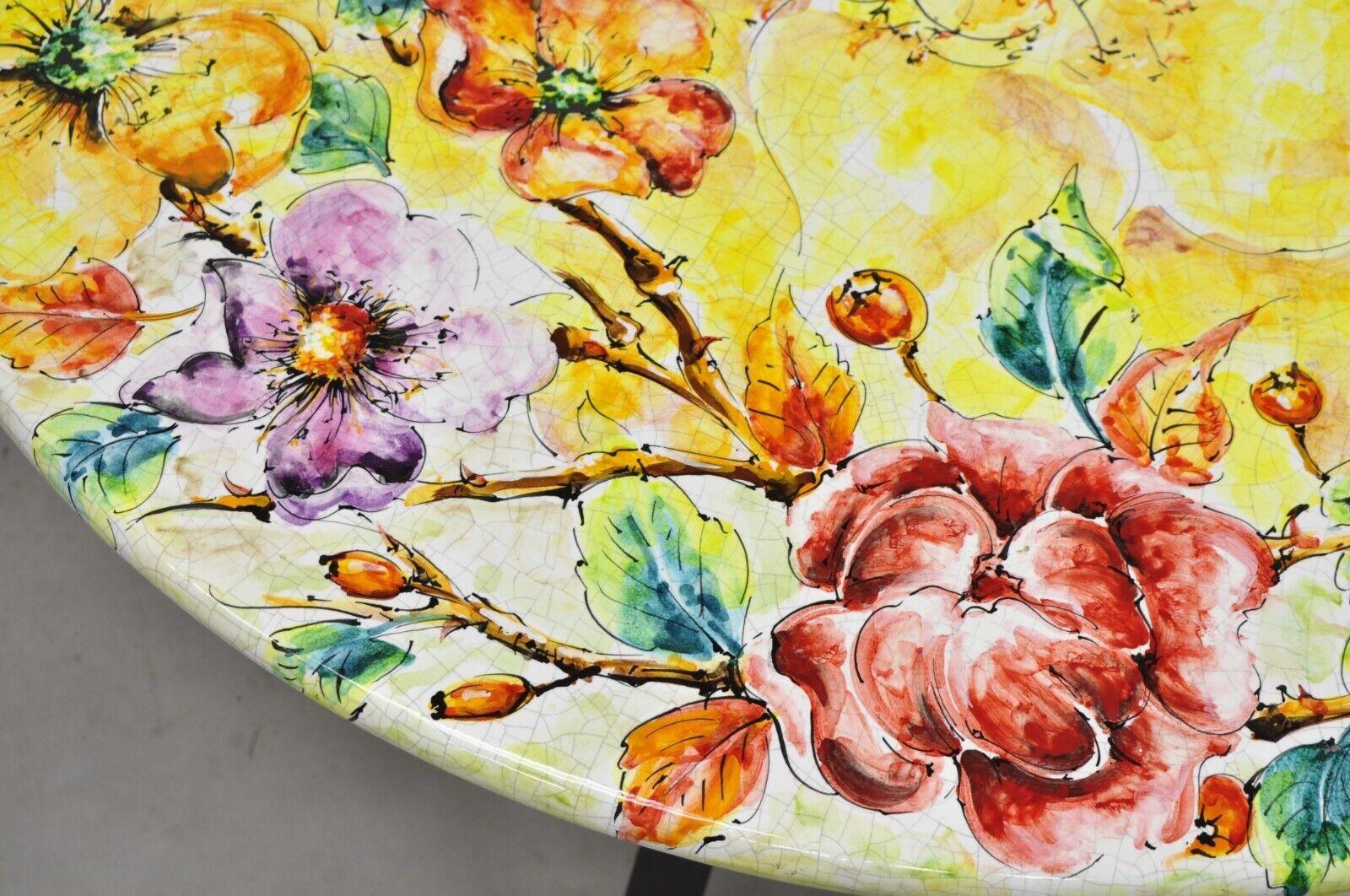Italian Volcanic Fire Glazed Floral Painted Outdoor Dining Table Set - 7 Pcs In Good Condition For Sale In Philadelphia, PA