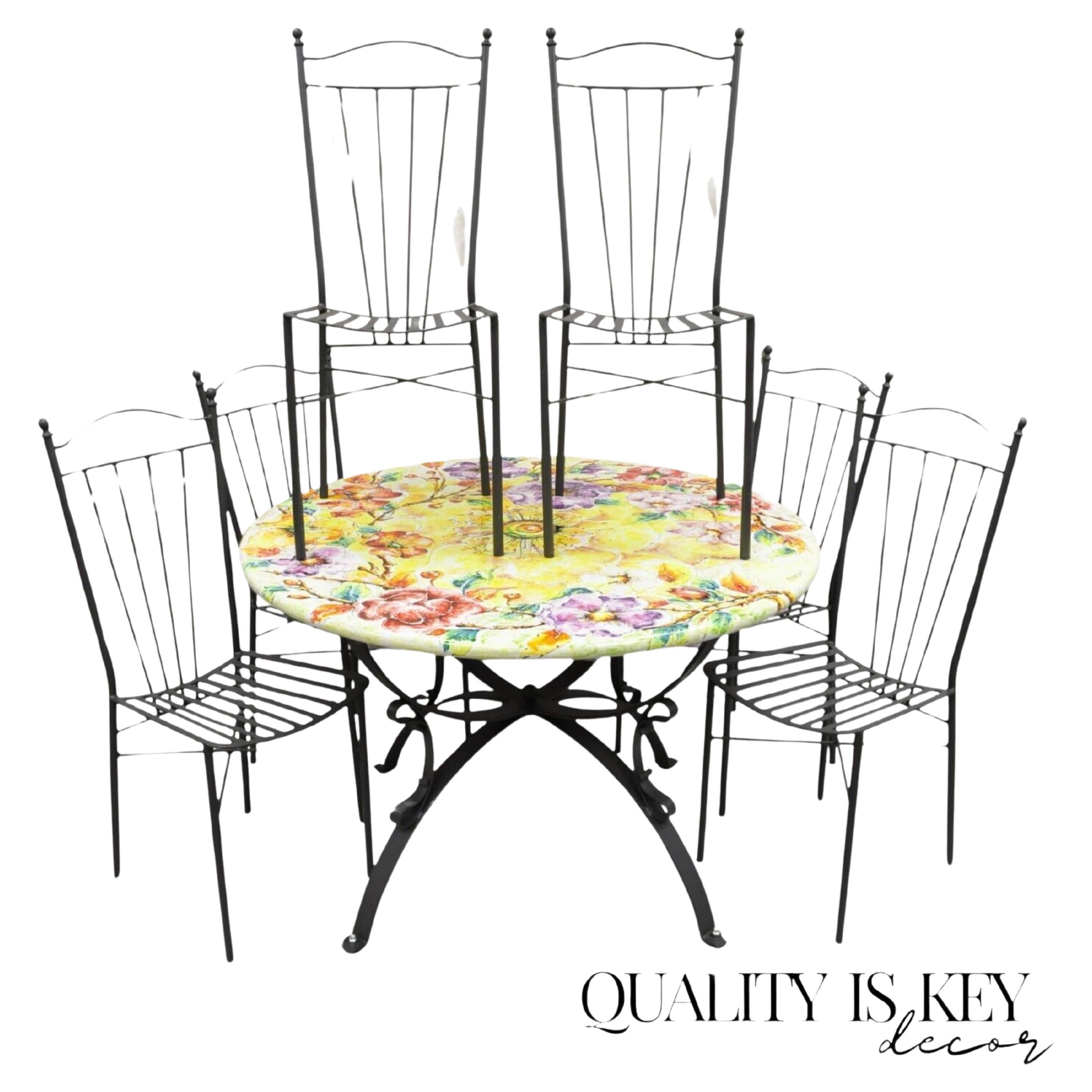 Italian Volcanic Fire Glazed Floral Painted Outdoor Dining Table Set - 7 Pcs For Sale