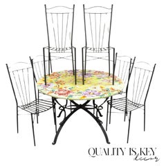 Retro Italian Volcanic Fire Glazed Floral Painted Outdoor Dining Table Set - 7 Pcs