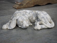 Italian Volterra Alabaster Sleeping Hound Sculpture – Bardiglio Grey, 20th C.