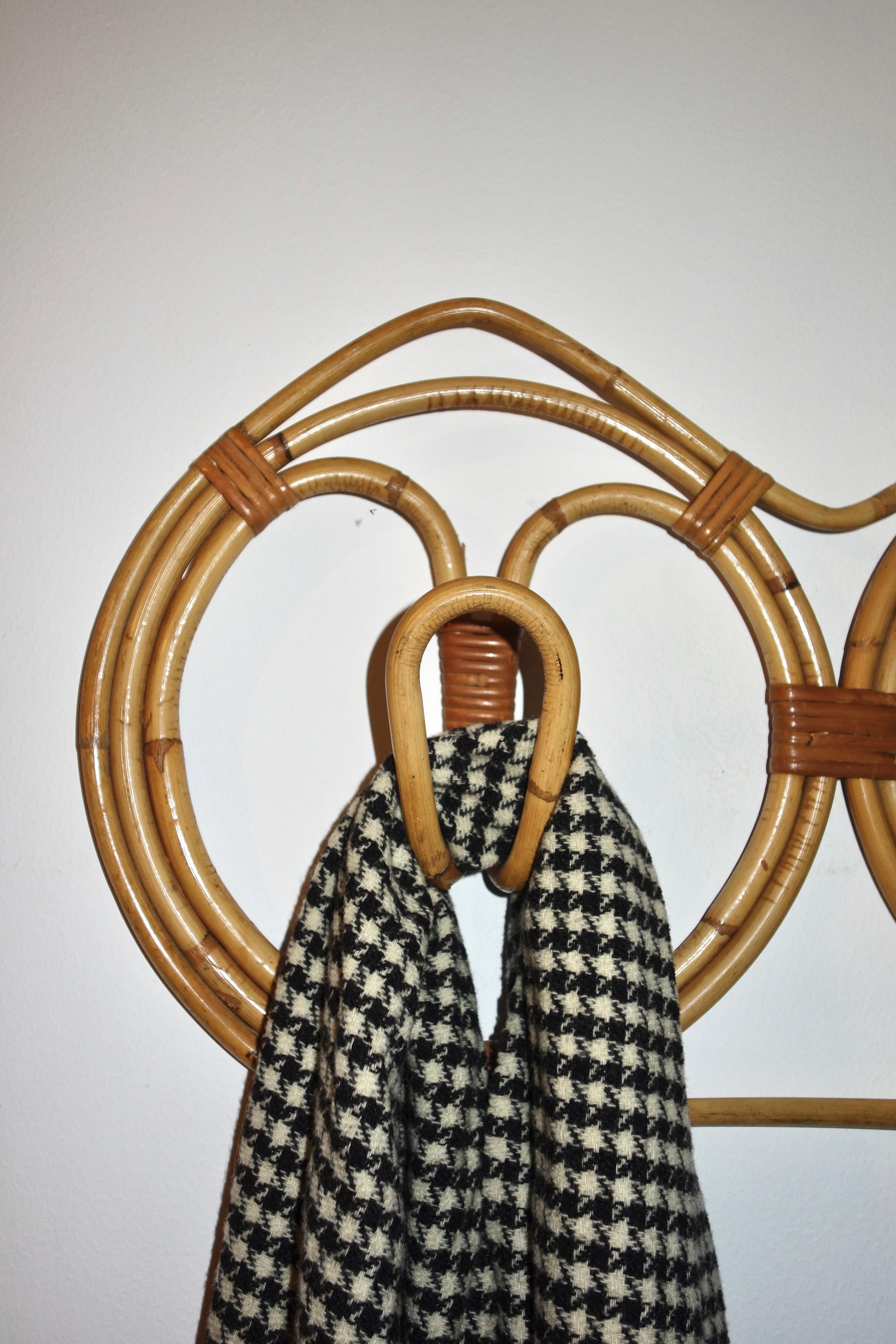 Oiled Italian Wall Coat Rack by Franco Albini Rattan and Bamboo 1960's For Sale